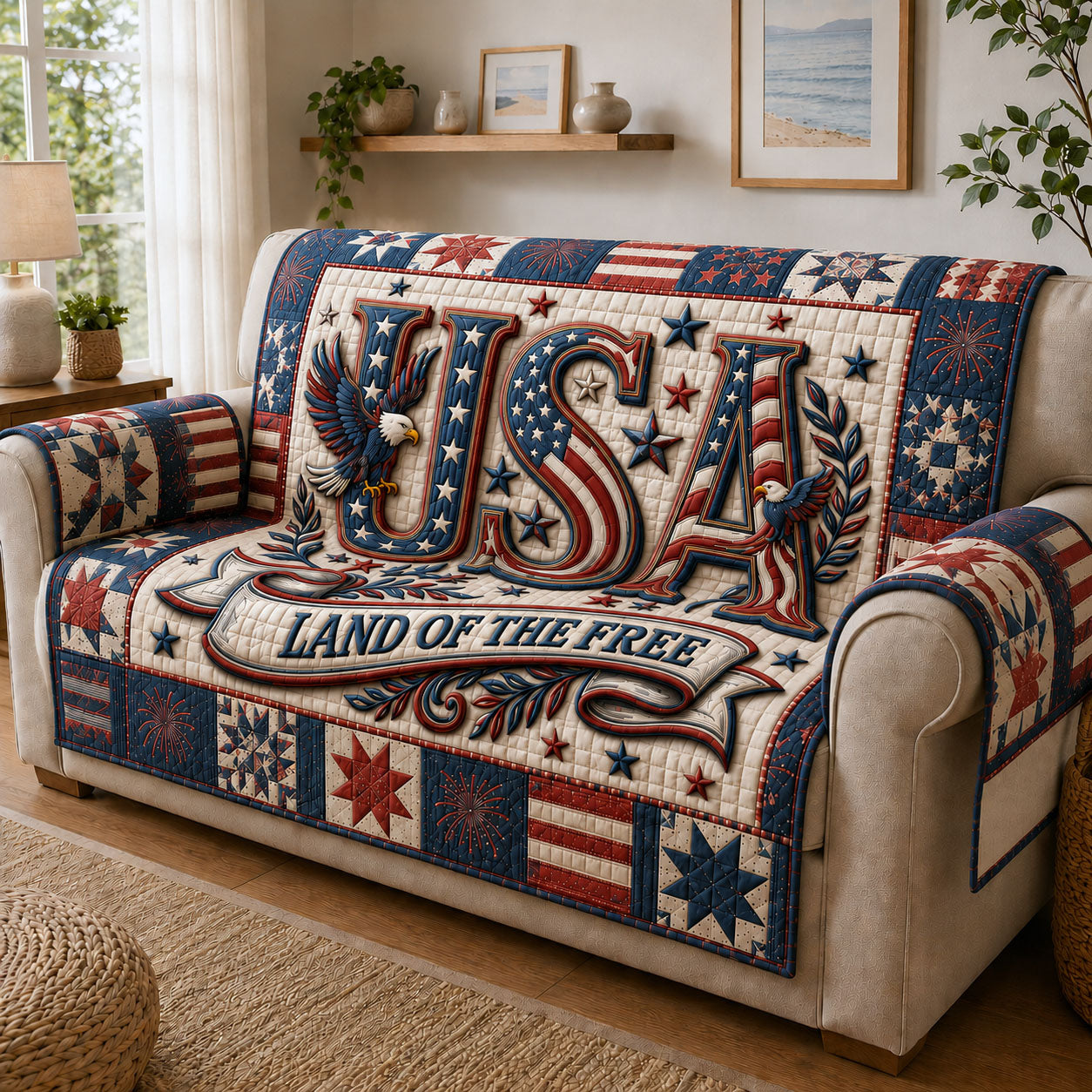Land for the Free Quilted Sofa Cover Patriotic Home Couch Cover Gift For Cozy Spaces - Tradiviet