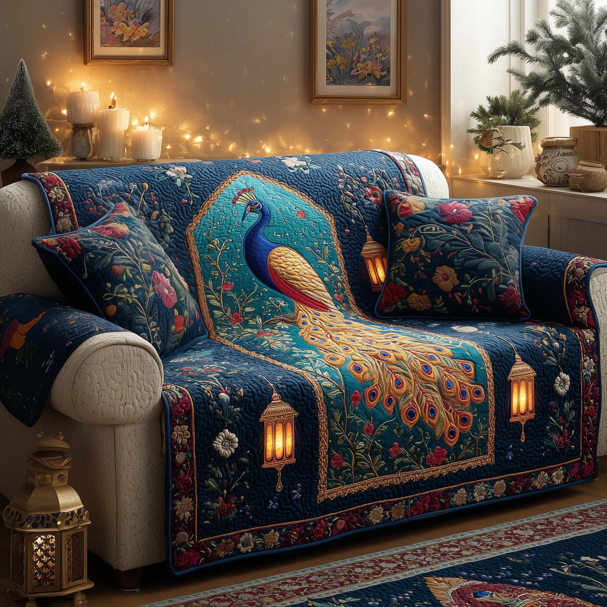 Lantern Peacock Quilted Sofa Cover Cozy Home Couch Cover Cute Room Decor Finds - Tradiviet