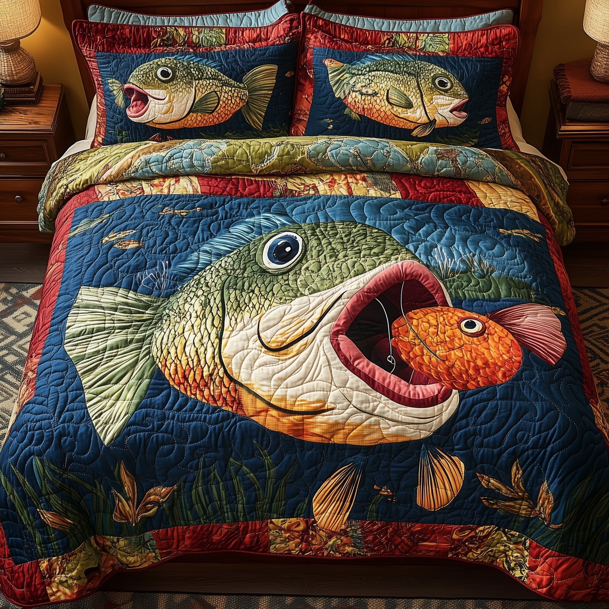 Largemouth Fishing Quilted Bedding Set Largemouth Fishing Aura Gift For Largemouth Friends - Tradiviet