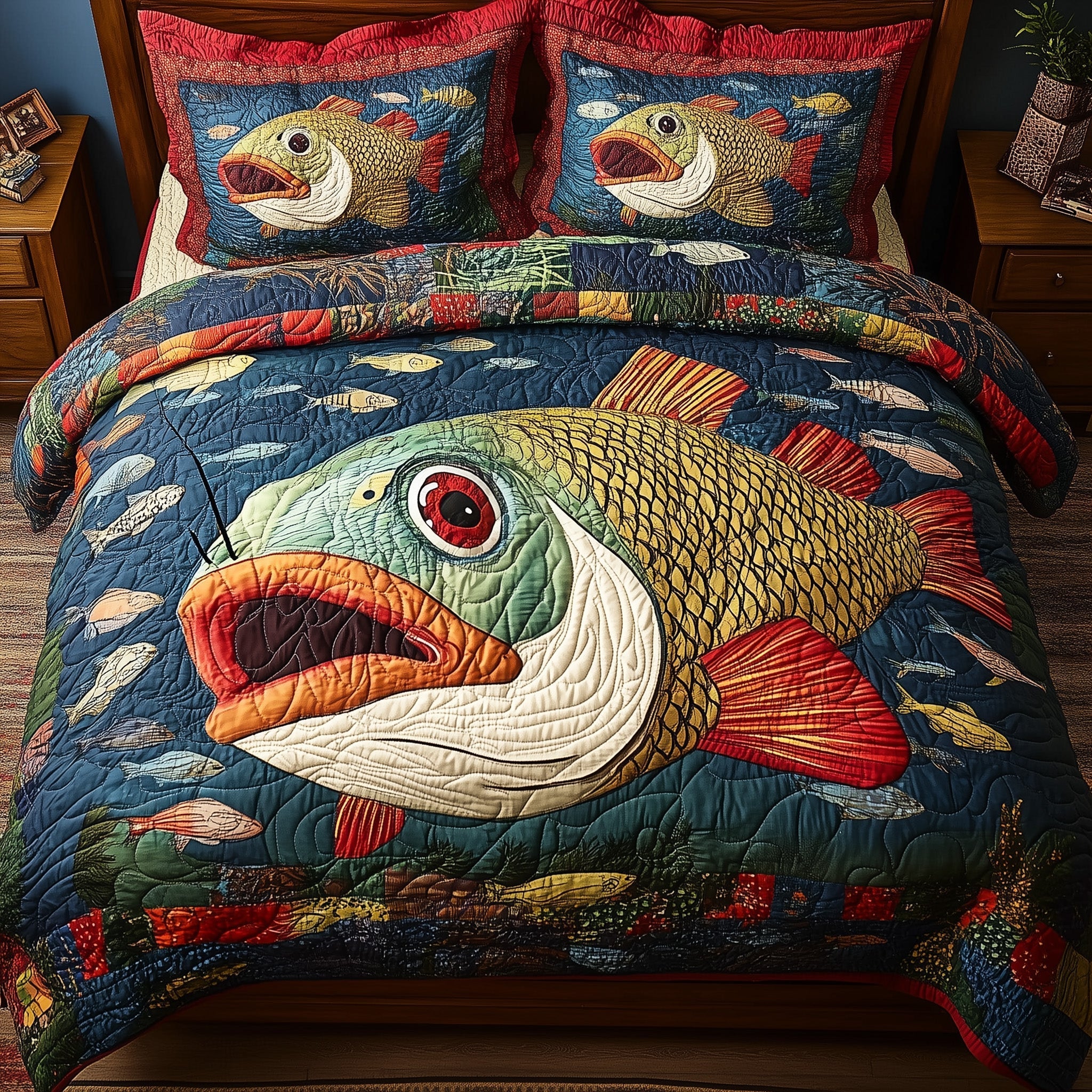 Largemouth Fishing Quilted Bedding Set Largemouth Fishing Bedroom Gift For Largemouth - Tradiviet