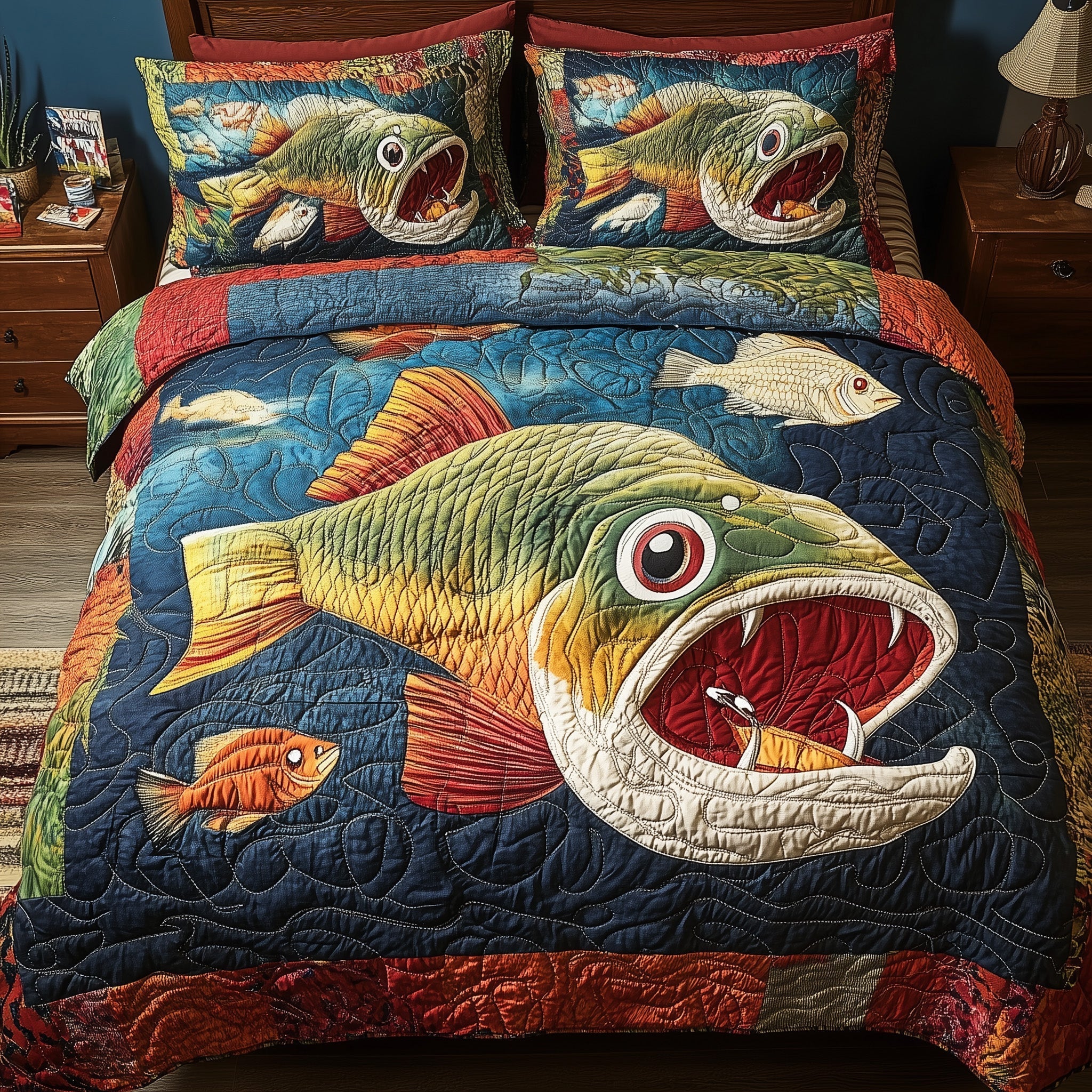 Largemouth Fishing Quilted Bedding Set Largemouth Fishing Feature Gift For Largemouth Lovers - Tradiviet