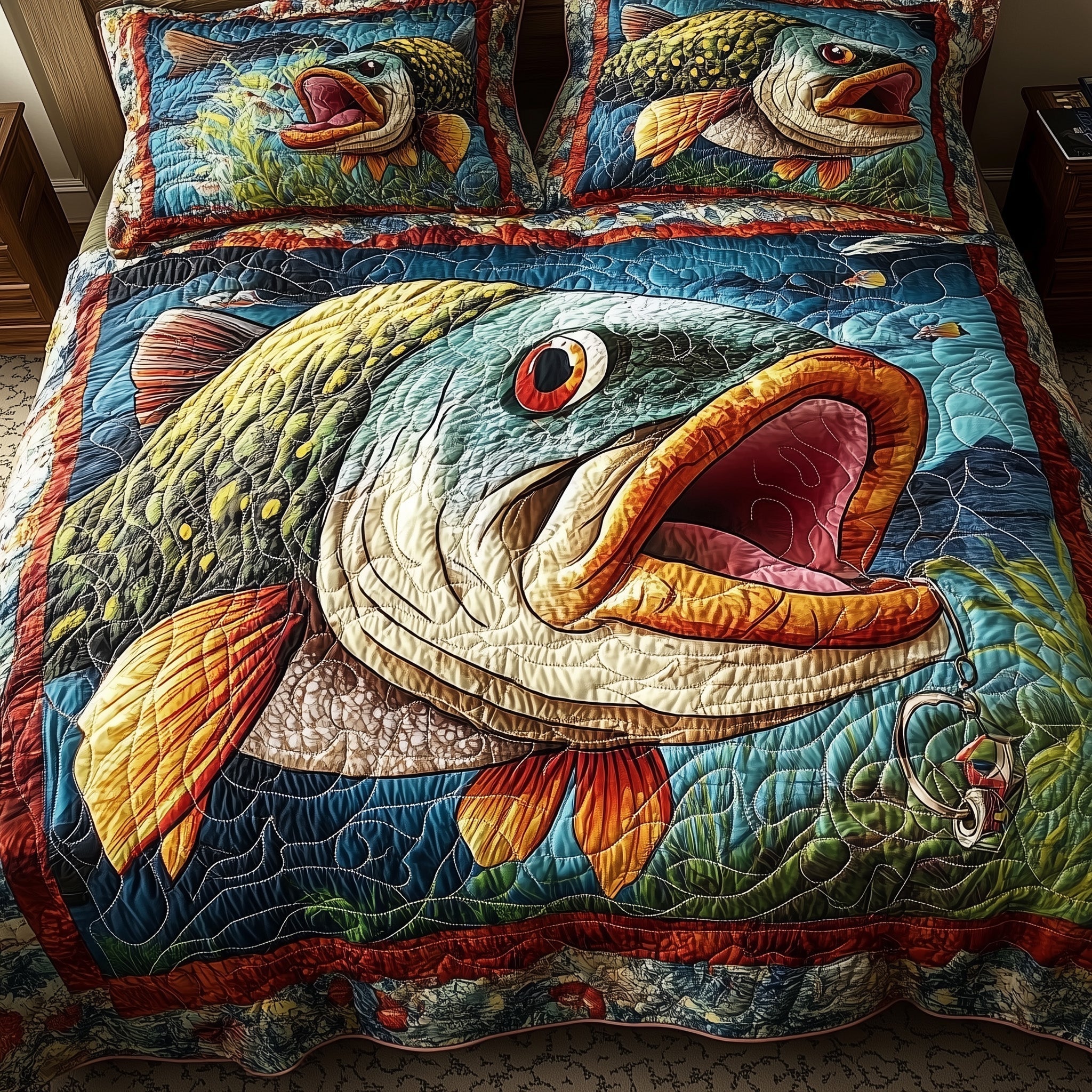Largemouth Fishing Quilted Bedding Set Largemouth Fishing Haven Gift For Largemouth Fishing - Tradiviet