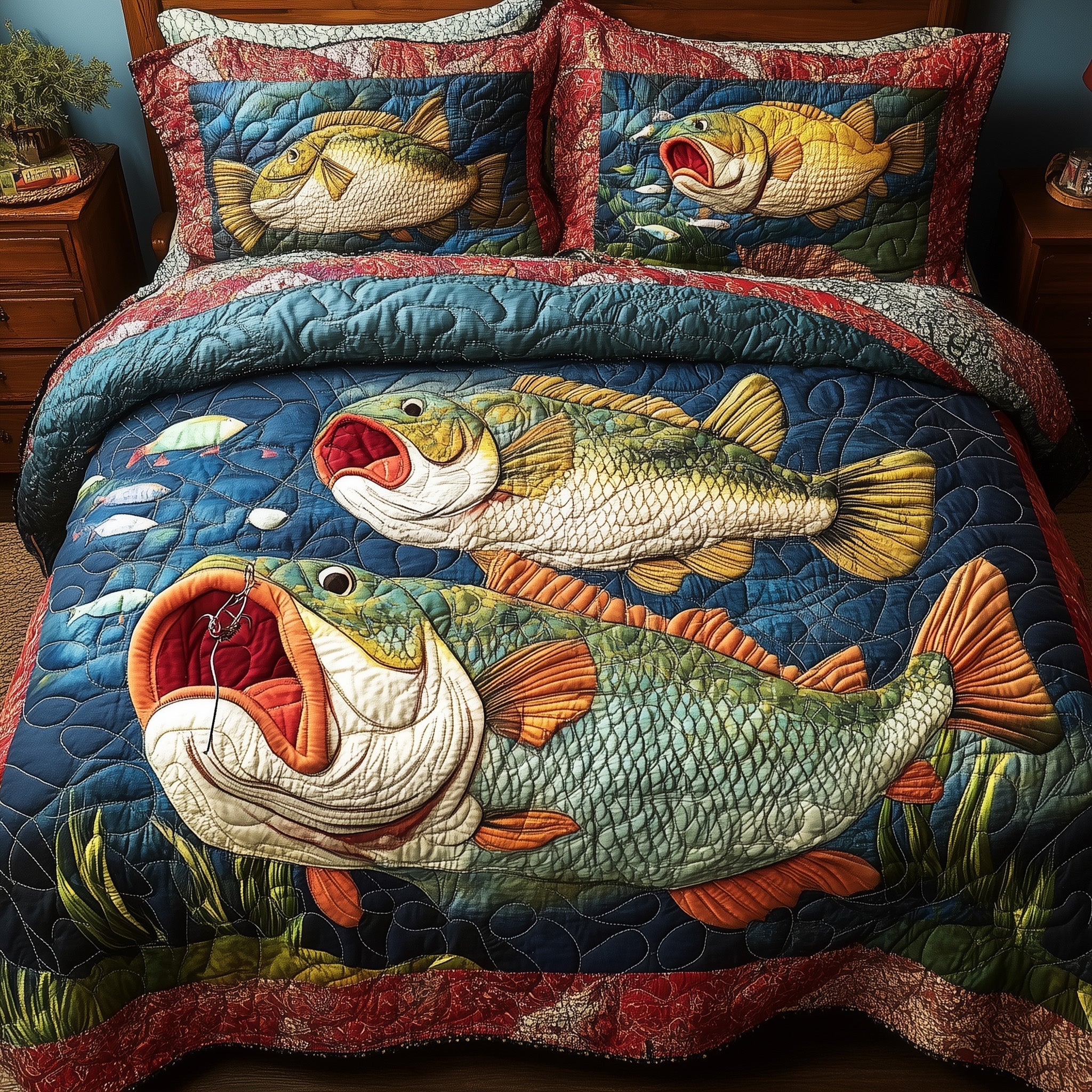 Largemouth Fishing Quilted Bedding Set Largemouth Fishing Nest Gift For Largemouth Fans - Tradiviet
