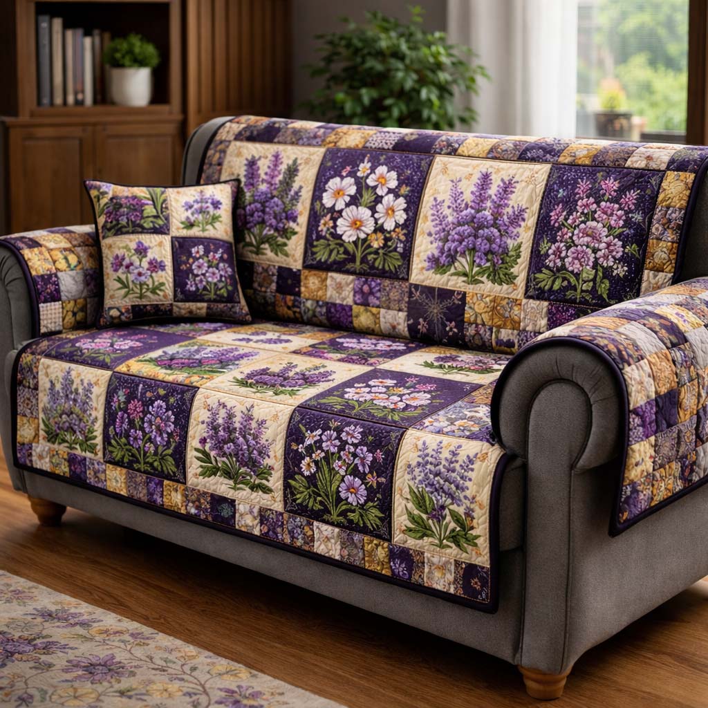 Lavender Bloom Patchwork Quilted Sofa Cover Floral Home Couch Cover Cute Room Decor Finds - Tradiviet