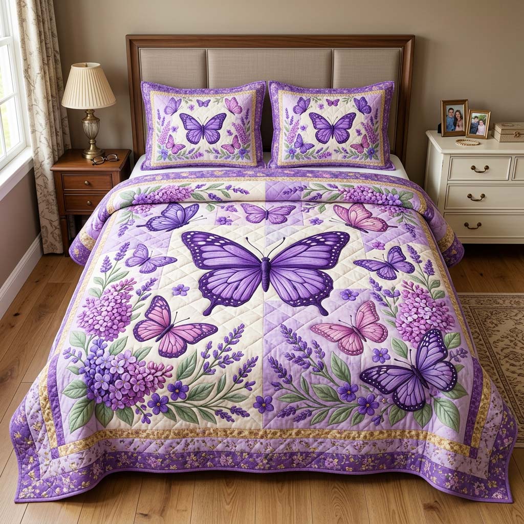 Lavender Butterfly Quilted Bedding Set Lavender Butterfly Inspiration Gift For Lavender Butterfly - Tradiviet