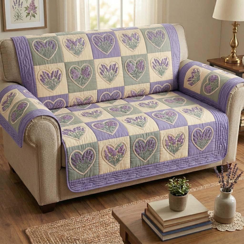 Lavender Hearts Quilted Sofa Cover Floral Home Couch Cover Cozy Housewarming Gift Ideas - Tradiviet