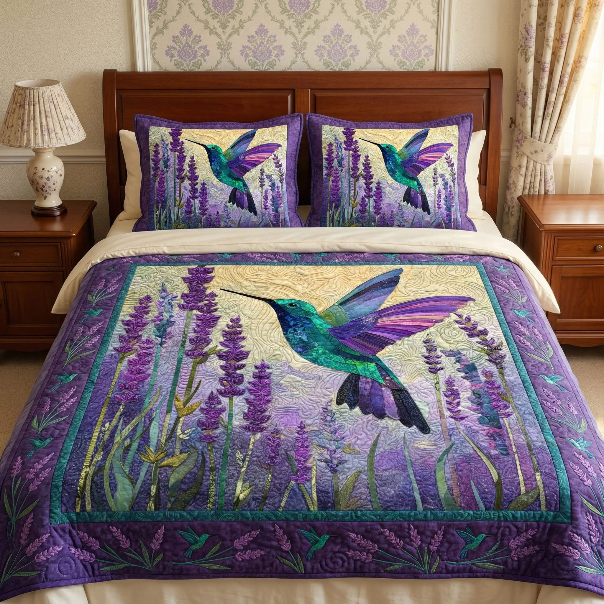 Lavender Hummingbird Quilted Bedding Set Elegant Flower Garden Bedspread Set Decor Gift Ideas - Tradiviet