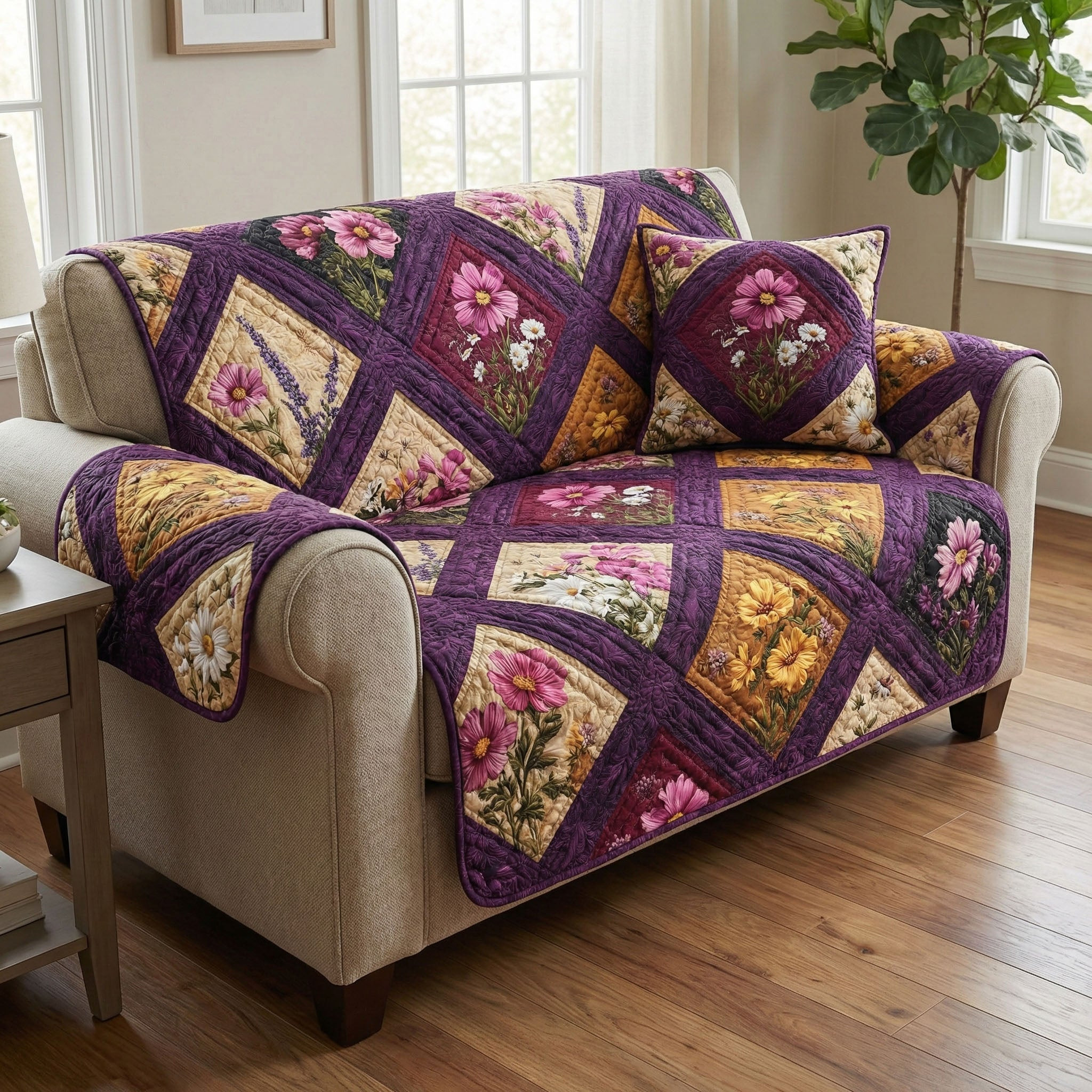 Lavender Meadow Quilted Sofa Cover Sofa Seat Covers Special Gifts For Him Her - Tradiviet