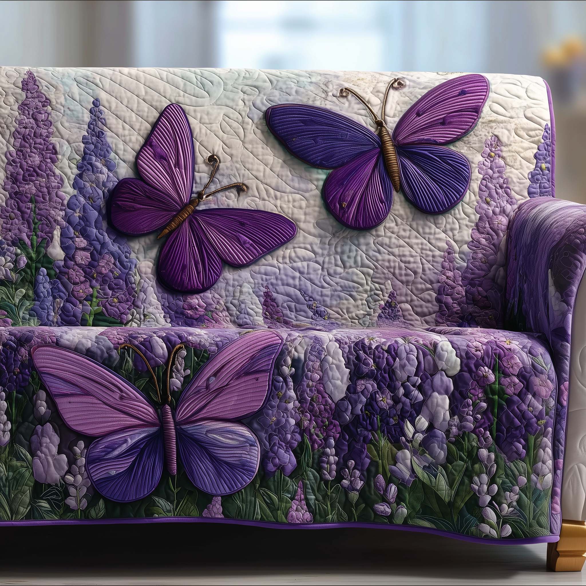 Lavender Wings Quilted Sofa Cover Butterfly Home Couch Cover Gift For Home Decor - Tradiviet