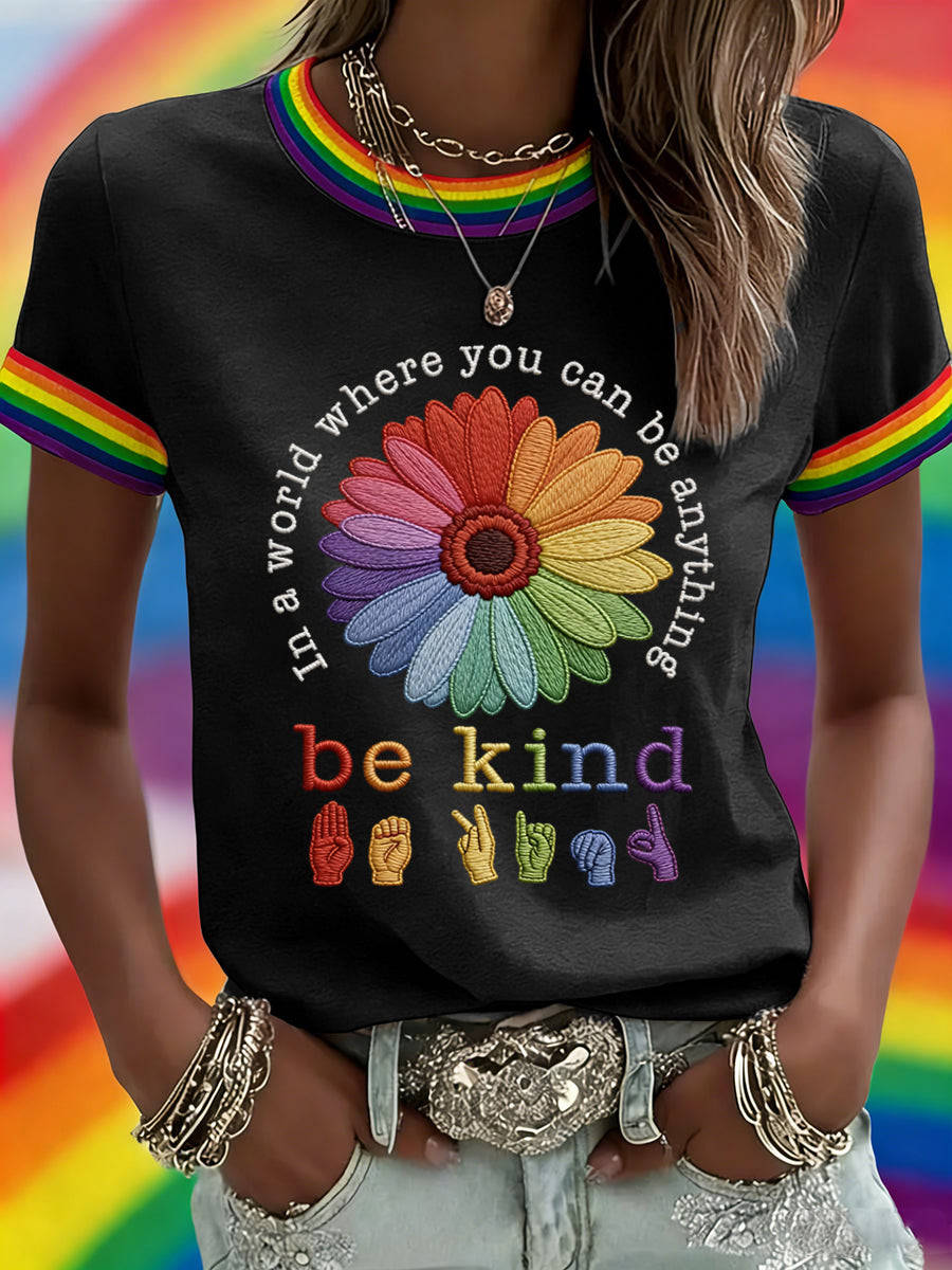 LGBTQ Be Kind Sign Language Shirt Rainbow Sunflowers Pride Merch Equality Gifts - Tradiviet - Image 2