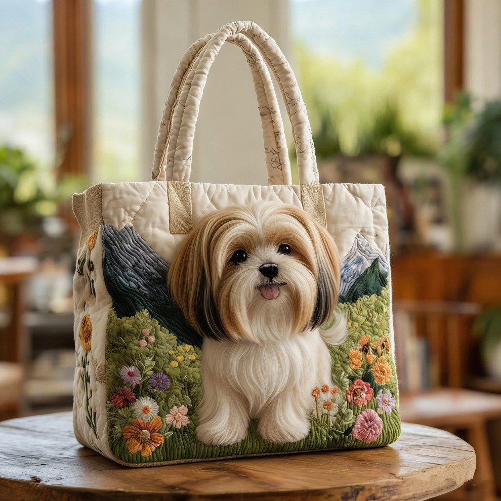 Lhasa Apso Quilted Tote Bag Floral Cute Dog Tote Bag Best Gifts For Lhasa Apso Lovers - Tradiviet