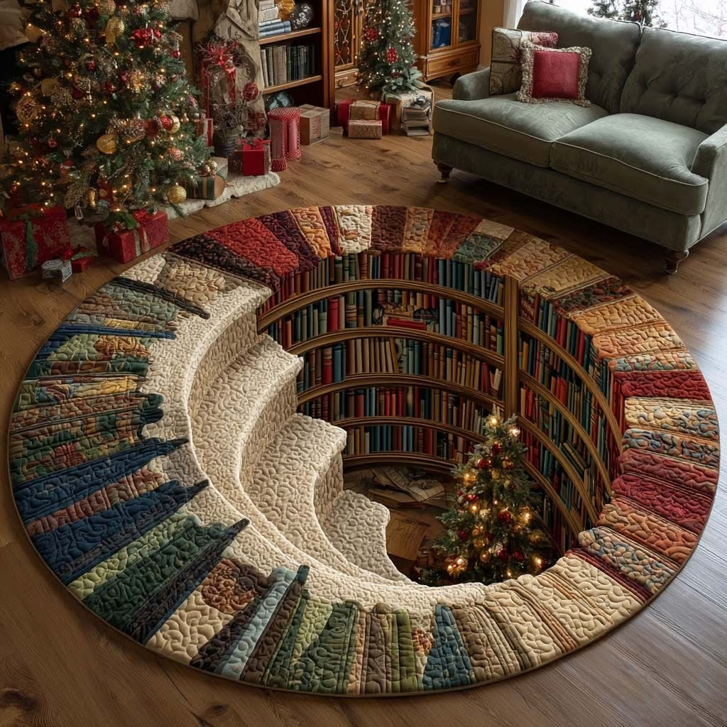 Library Hole Holiday Christmas Round Mat Circle Carpet Rug Decorations Book Lover Gifts - Tradiviet