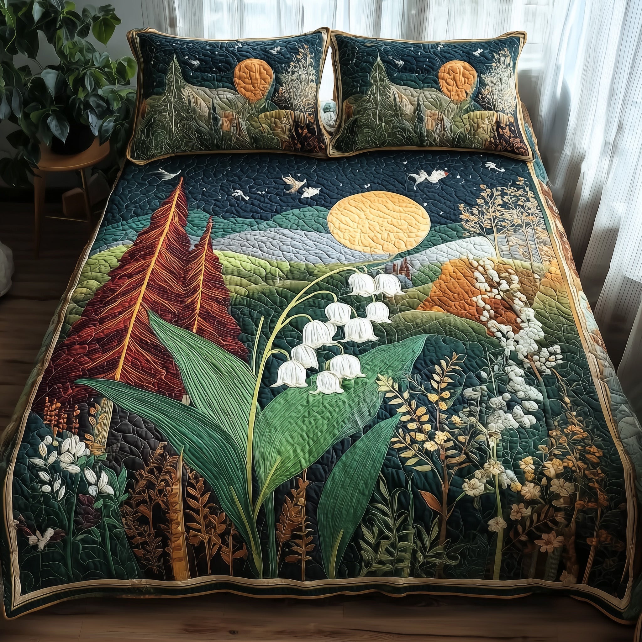 Lily Of The Valley Forest Quilted Bedding Set Lily Valley Landscape Gift For Valley Forest - Tradiviet