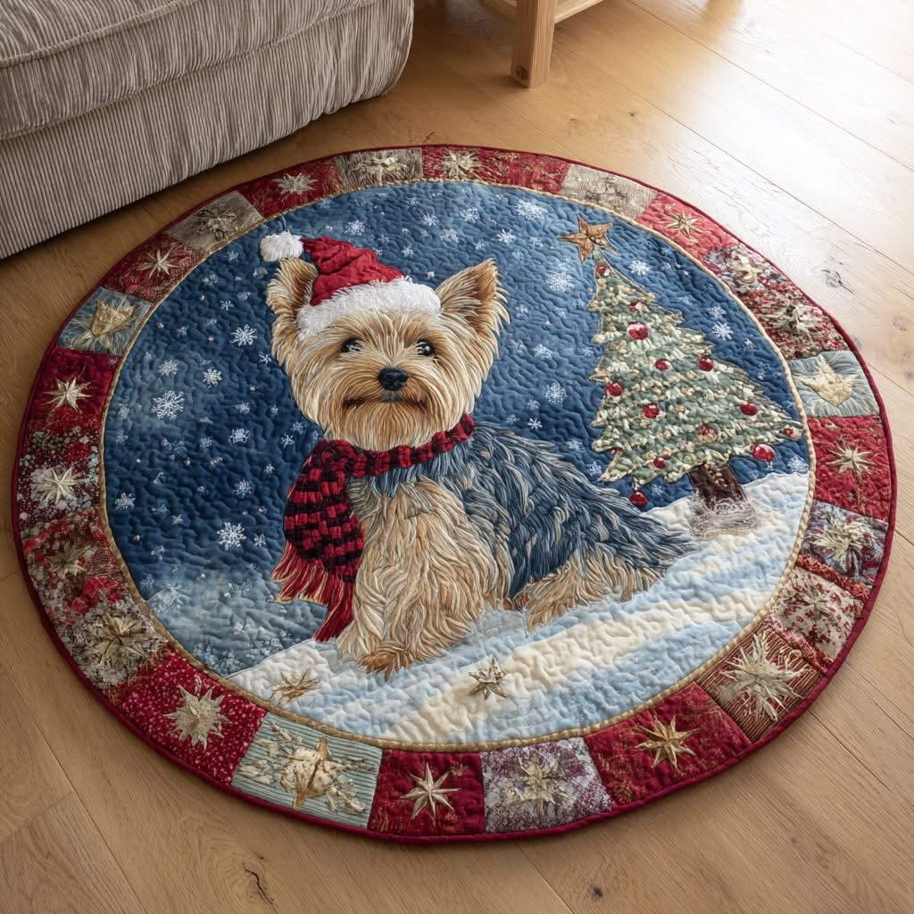 Little Yorkie Christmas quilt round mat Xmas Living Room Decor Gifts For Dog Lovers - Tradiviet