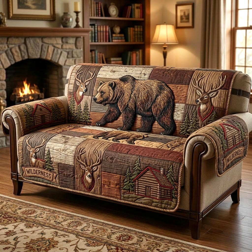 Lodge Bear Quilted Sofa Cover Cabin Home Couch Cover Bear Girlfriend Gift Ideas - Tradiviet