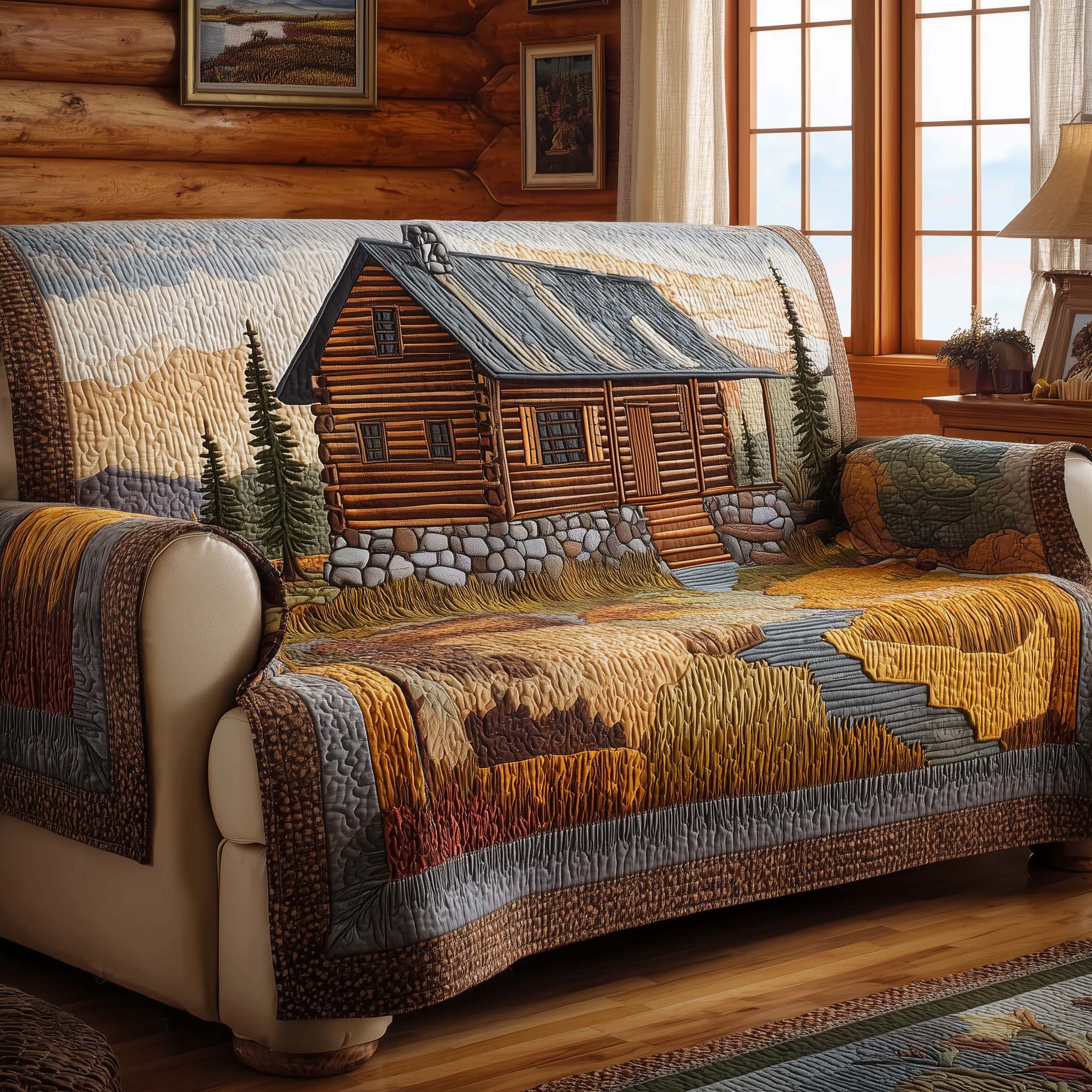 Log Cabin Quilted Sofa Cover Cabin Home Couch Cover Bear Gifts For Mom - Tradiviet