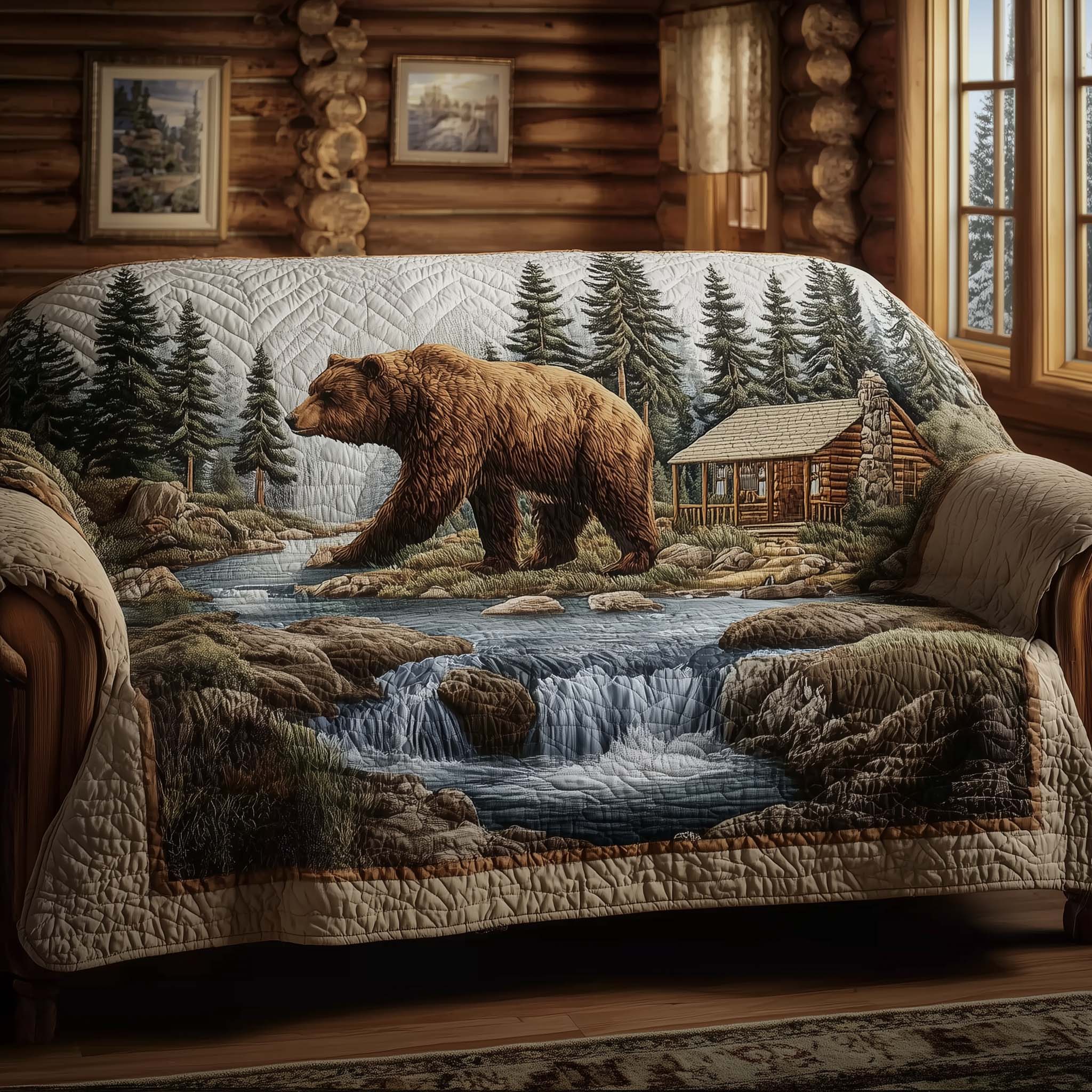 Log Cabin Quilted Sofa Cover Cabin Home Couch Cover Gift For Home Decorators - Tradiviet