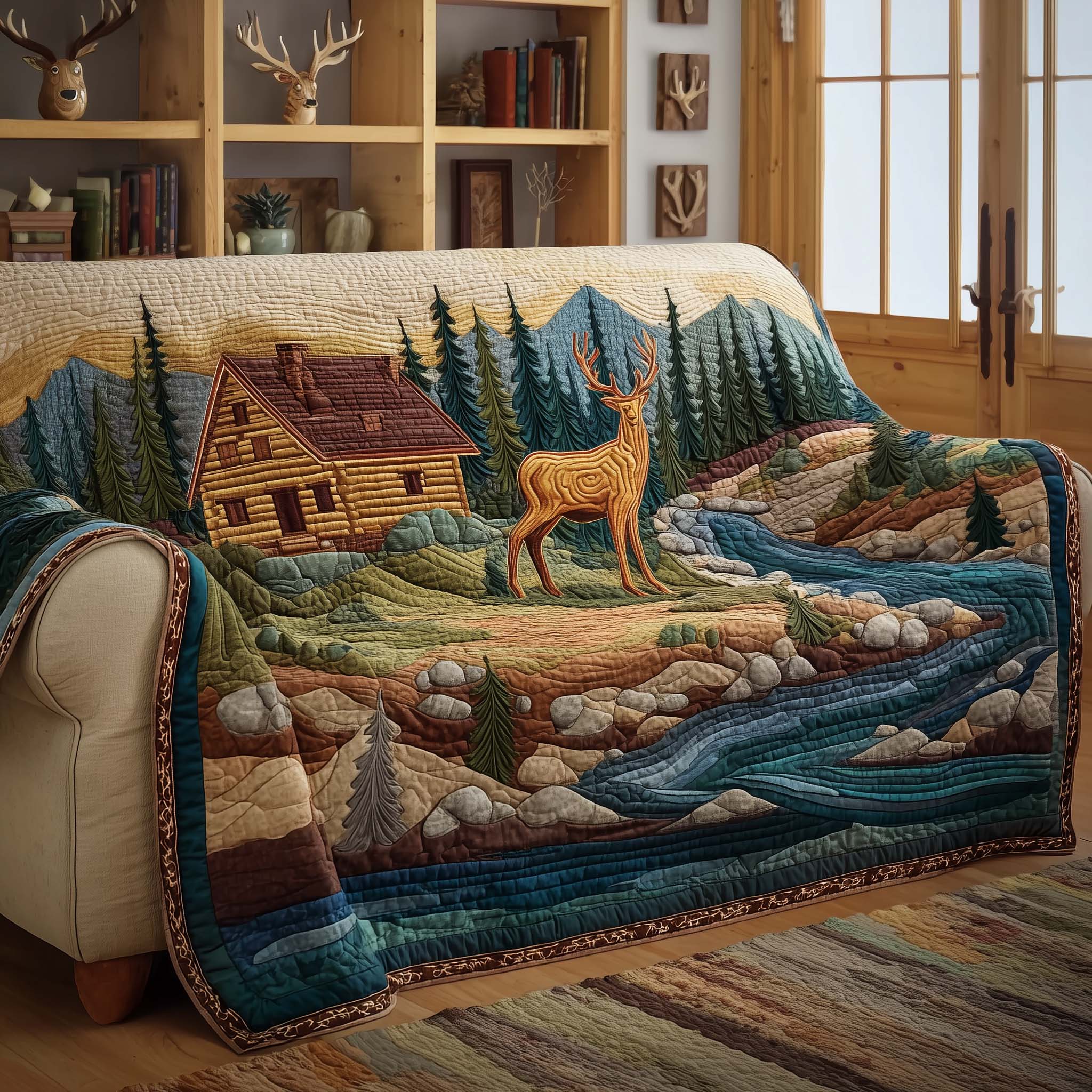 Log Cabin Quilted Sofa Cover Cabin Home Couch Cover Gifts For Room Decor - Tradiviet
