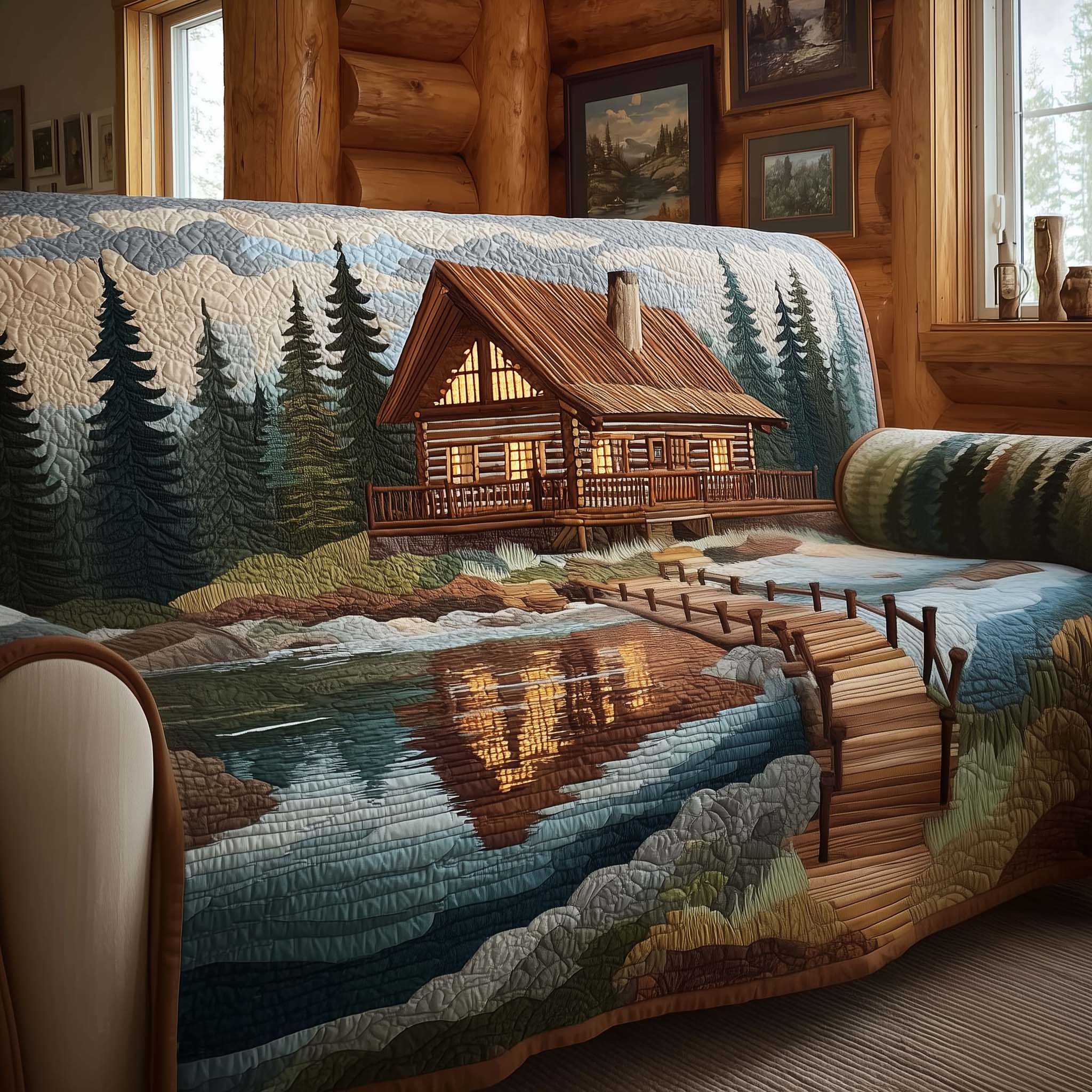 Log Cabin Quilted Sofa Cover Cabin Home Couch Cover Home Decor Gift Ideas - Tradiviet