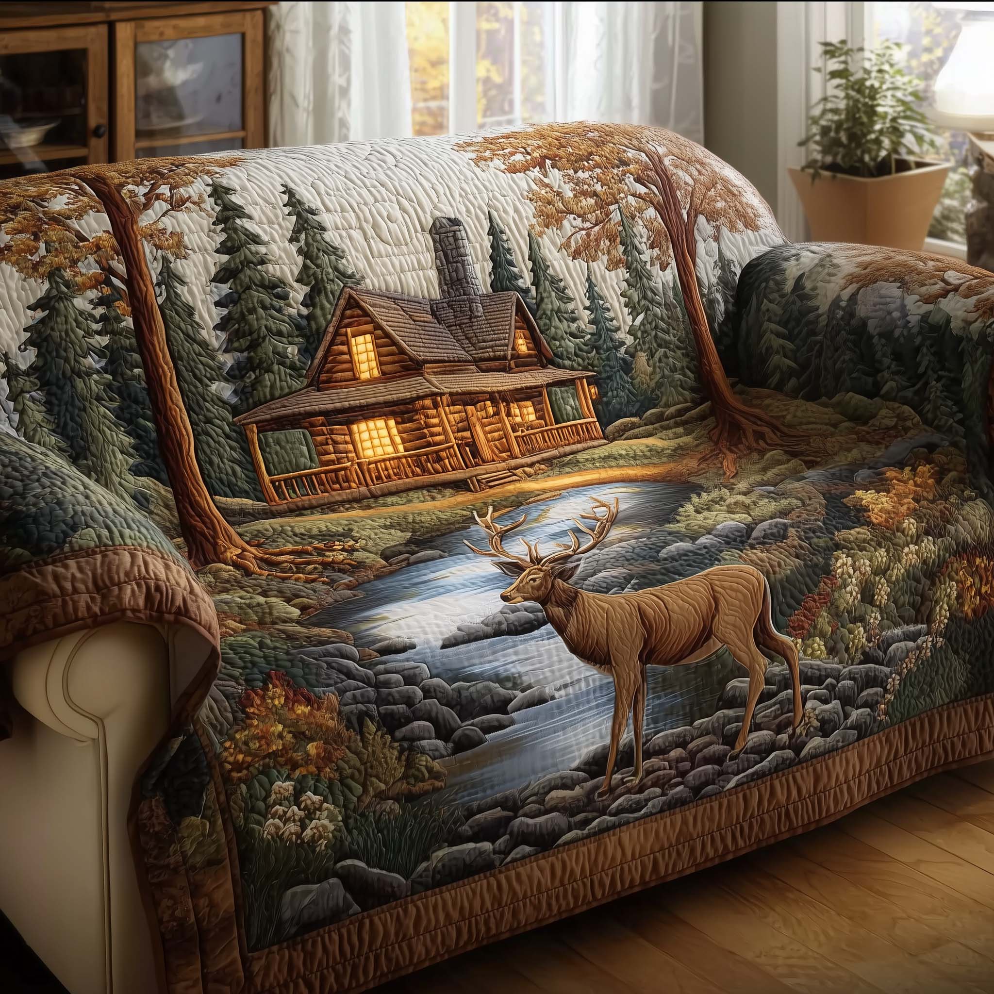 Log Cabin Quilted Sofa Cover Cabin Home Couch Cover Present For Home Lovers - Tradiviet