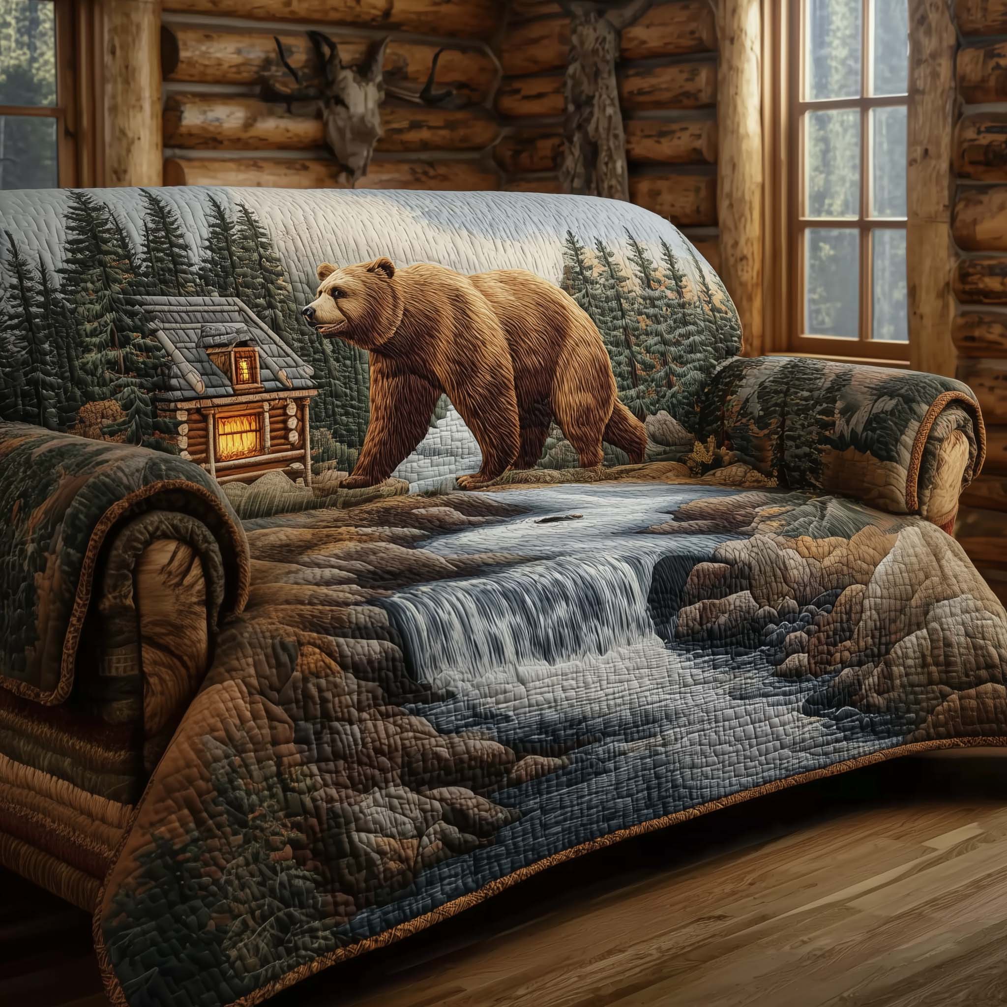 Log Cabin Quilted Sofa Cover Cabin Home Couch Cover Present For House Lovers - Tradiviet