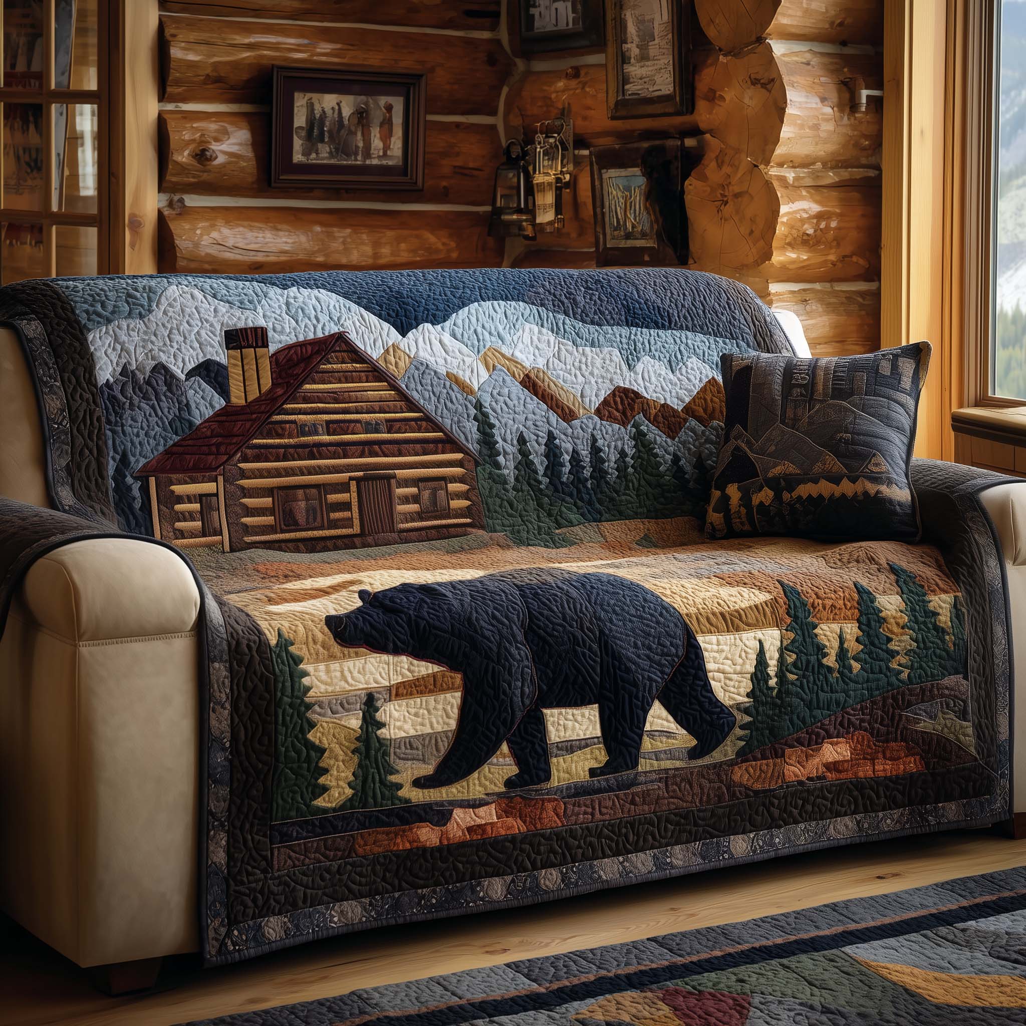 Log Cabin Quilted Sofa Cover Cabin Home Couch Cover Room Decor Gift Ideas - Tradiviet