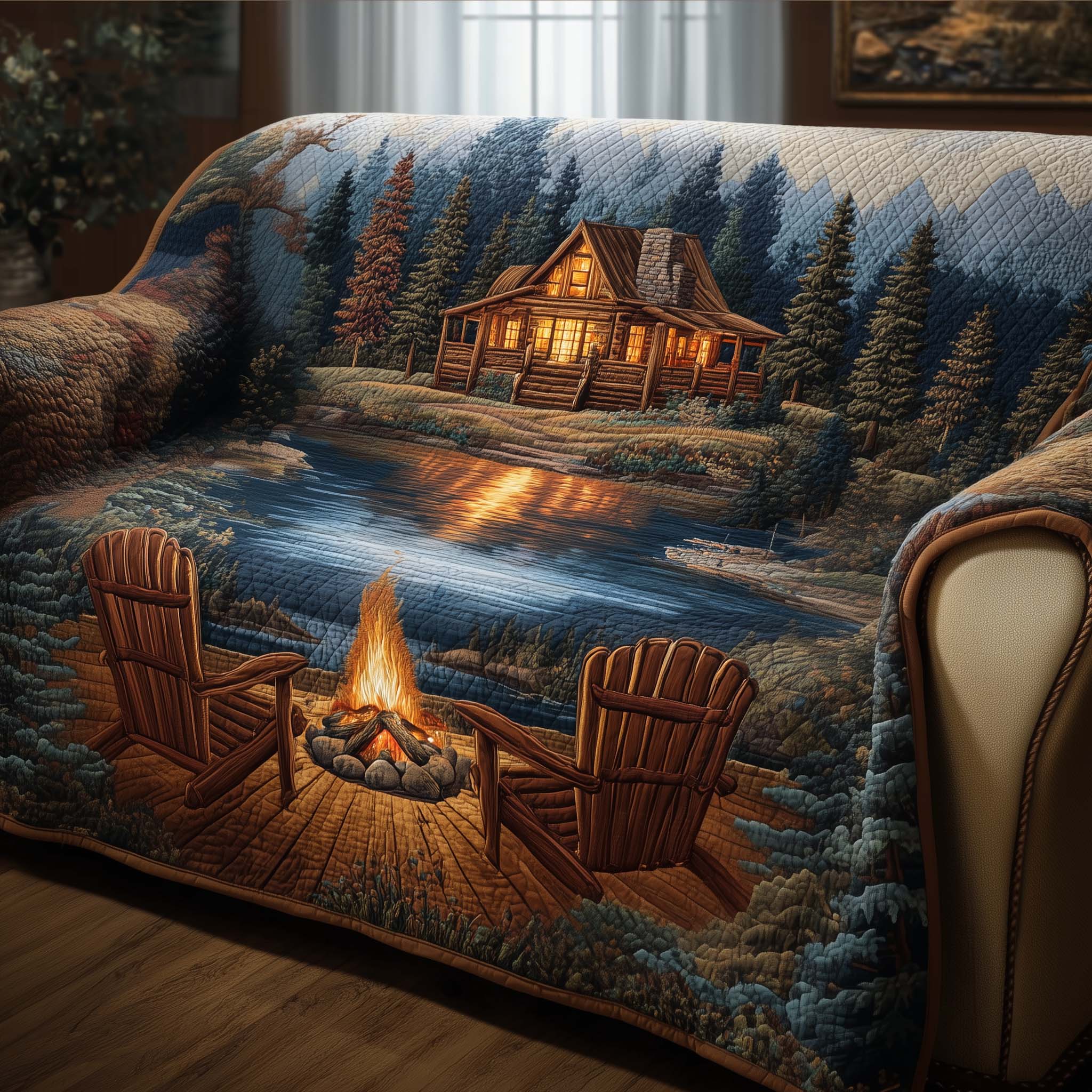 Log Cabin Quilted Sofa Cover Cabin Home Couch Cover Top Home Decor Gifts - Tradiviet
