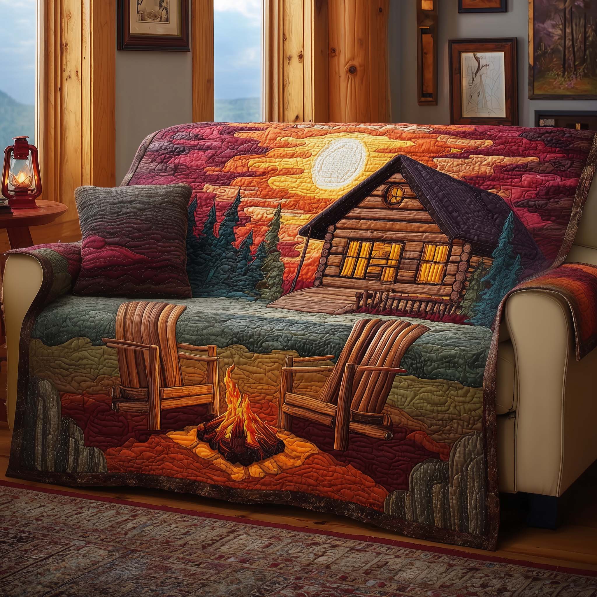 Log Cabin Quilted Sofa Cover Cabin Home Couch Cover Unique Housewarming Gift Ideas - Tradiviet