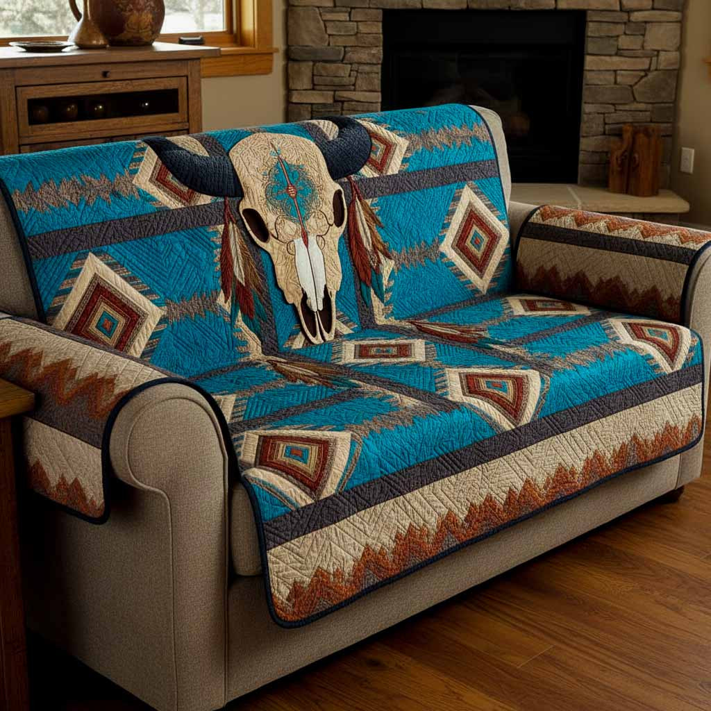 Lone Skull Quilted Sofa Cover Sofa Protector Cover Native American Gifts Online - Tradiviet