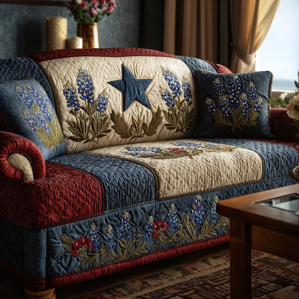 Lone Star Bluebonnet Pride Quilted Sofa Cover Cute Home Room Decor Cozy Living Gift Ideas - Tradiviet