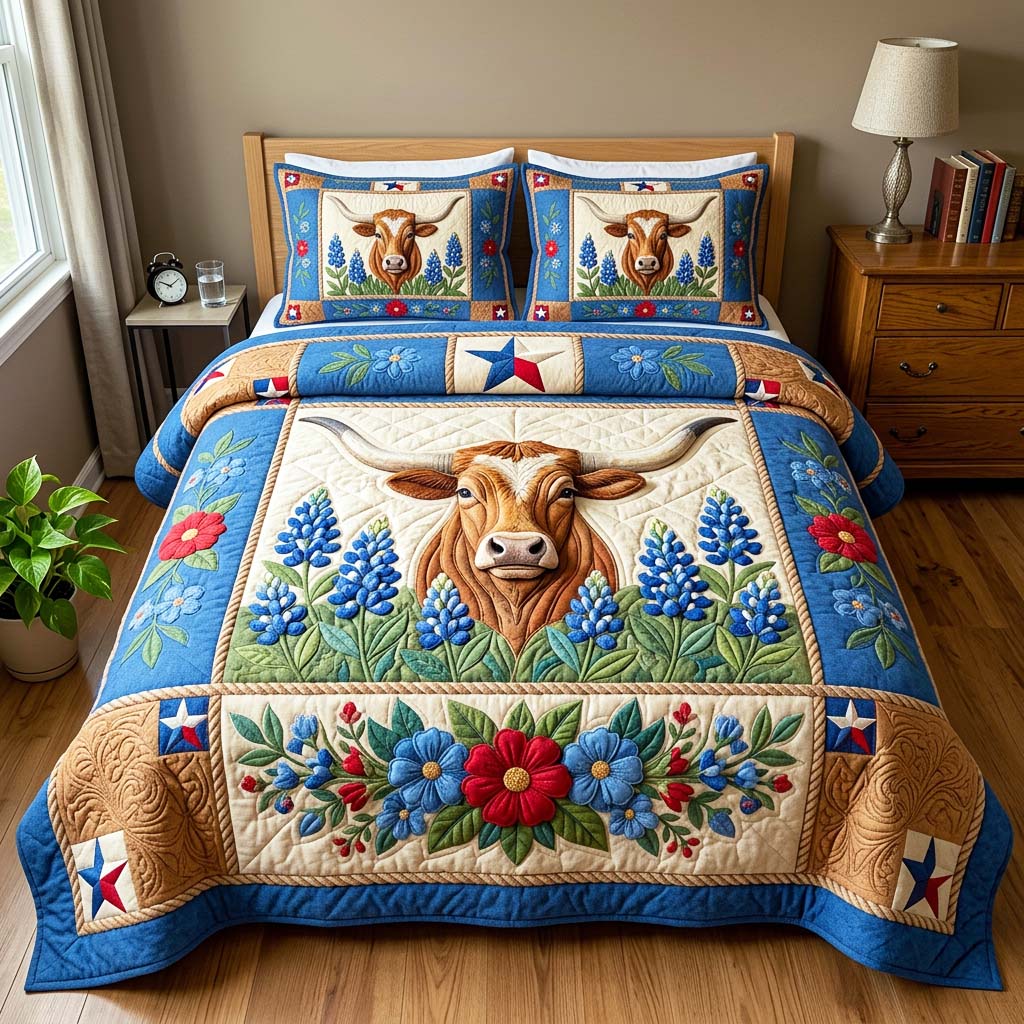 Longhorn Bluebonnet Quilted Bedding Set Longhorn Bluebonnet Masterpiece Gift Ideas - Tradiviet