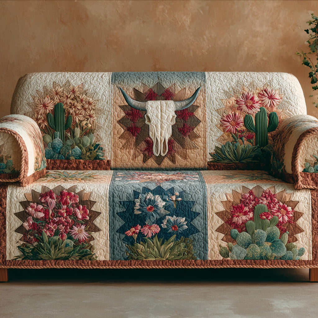 Longhorn Desert Bloom Quilted Sofa Cover Trendy Home Style Unique Room Decor Gifts - Tradiviet