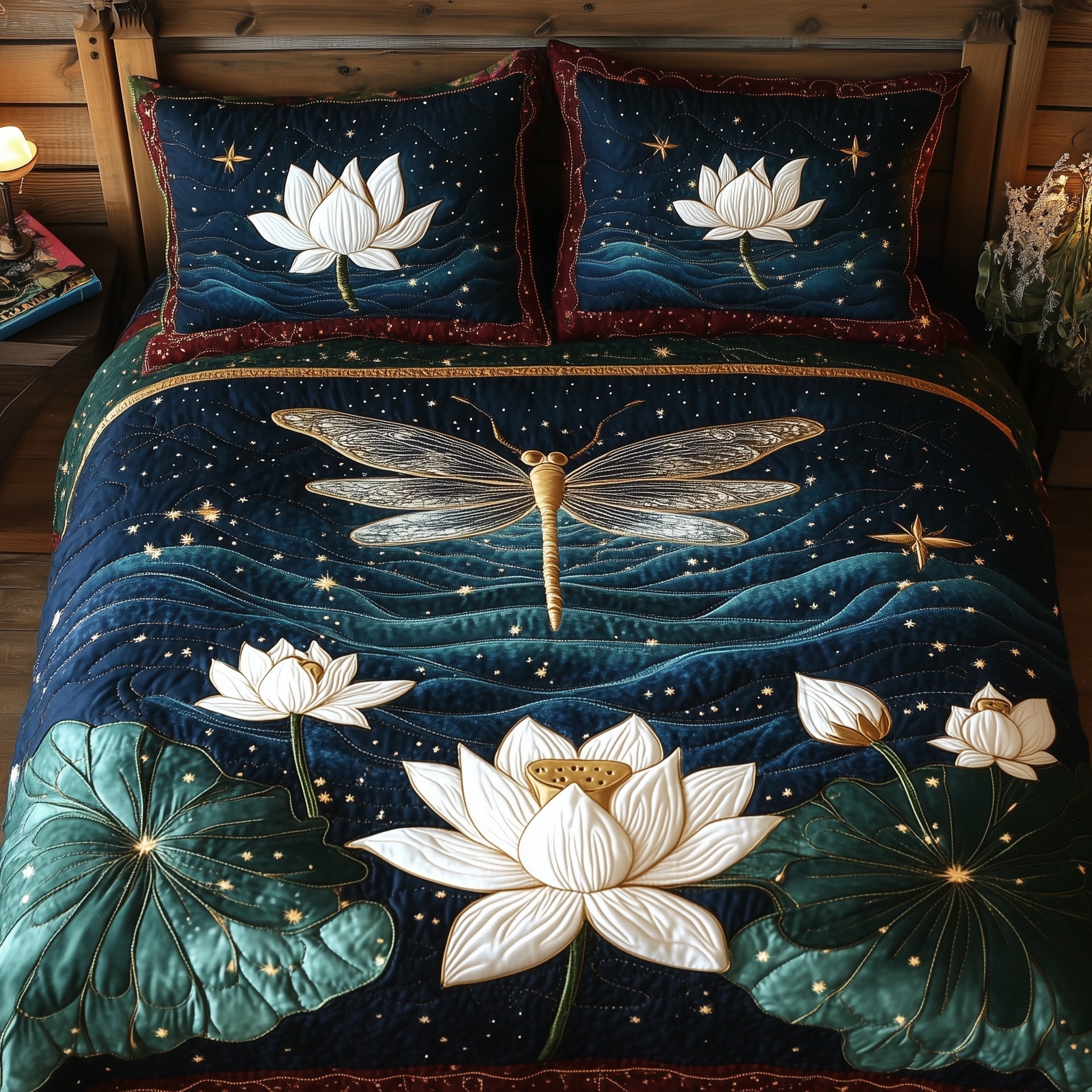 Lotus Dragonfly Quilted Bedding Set Lotus Dragonfly Mountain Gift For Lotus Dragonfly - Tradiviet