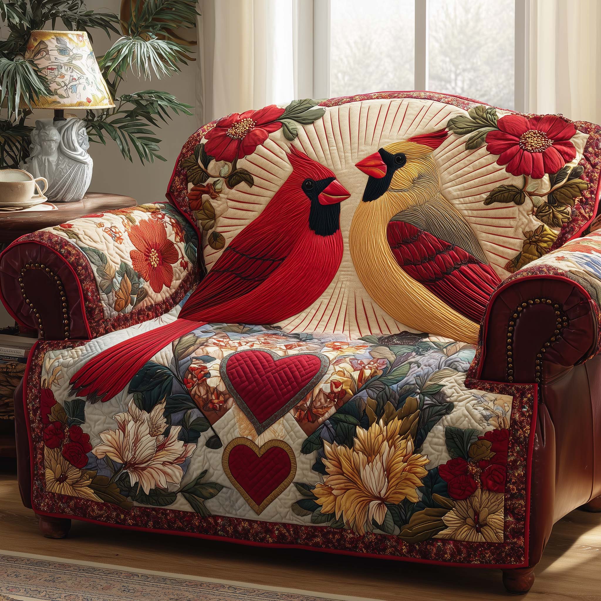 Love Cardinal Quilted Sofa Cover Romantic Home Couch Cover Home Gifts For Him - Tradiviet