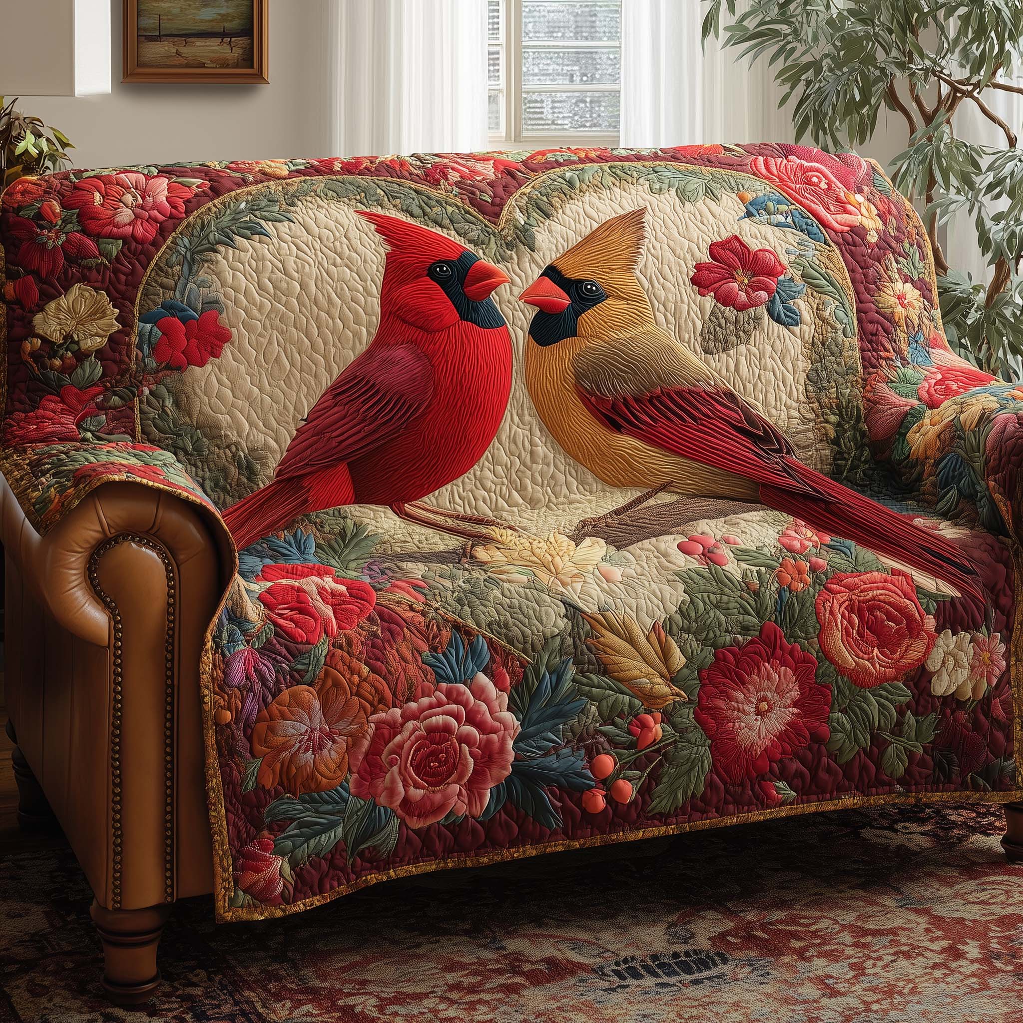 Love Cardinal Quilted Sofa Cover Romantic Home Couch Cover Top Home Decor Gifts - Tradiviet