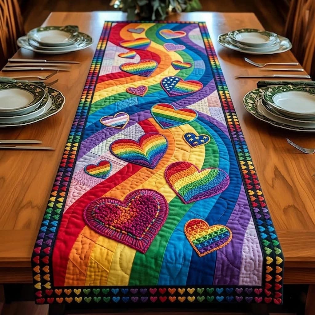 Love Is Pride Quilted Table Runner Rainbow Heart Table Decor Merch Gift For LGBTQ+ - Tradiviet