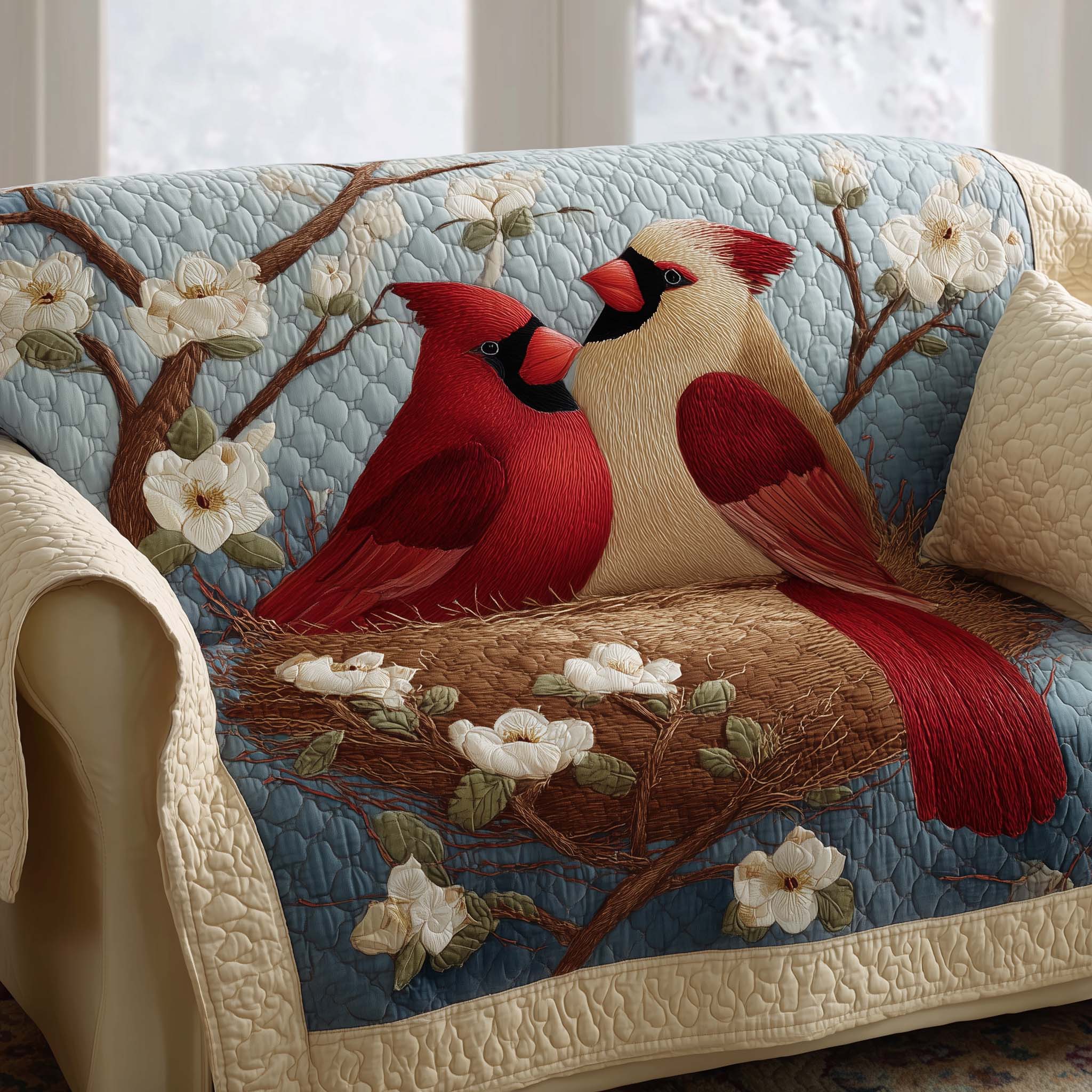 Love Nest Cardinals Quilted Sofa Cover Romantic Home Couch Cover Bear Gifts For Mom - Tradiviet