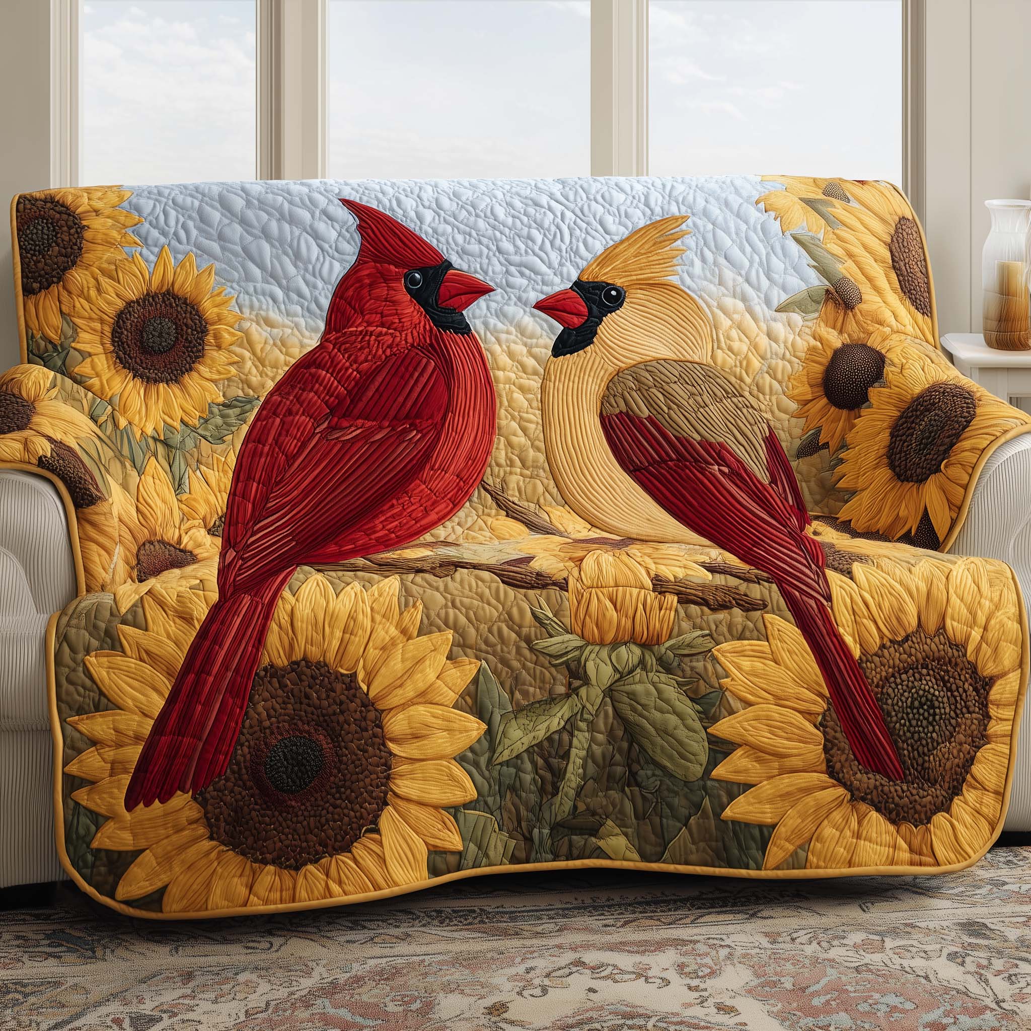 Love Nest Cardinals Quilted Sofa Cover Romantic Home Couch Cover Cozy Home Decor Gifts - Tradiviet
