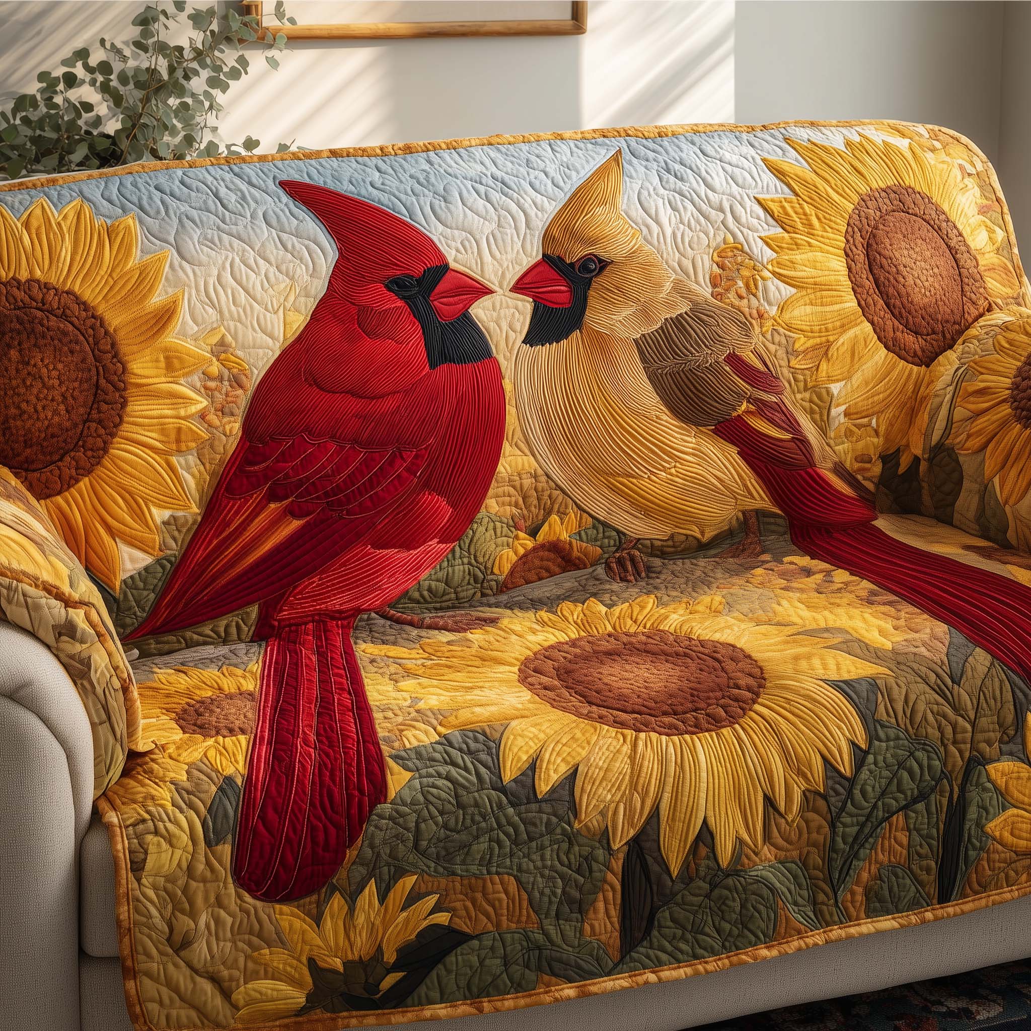 Love Nest Cardinals Quilted Sofa Cover Romantic Home Couch Cover Gifts For Room Decor - Tradiviet