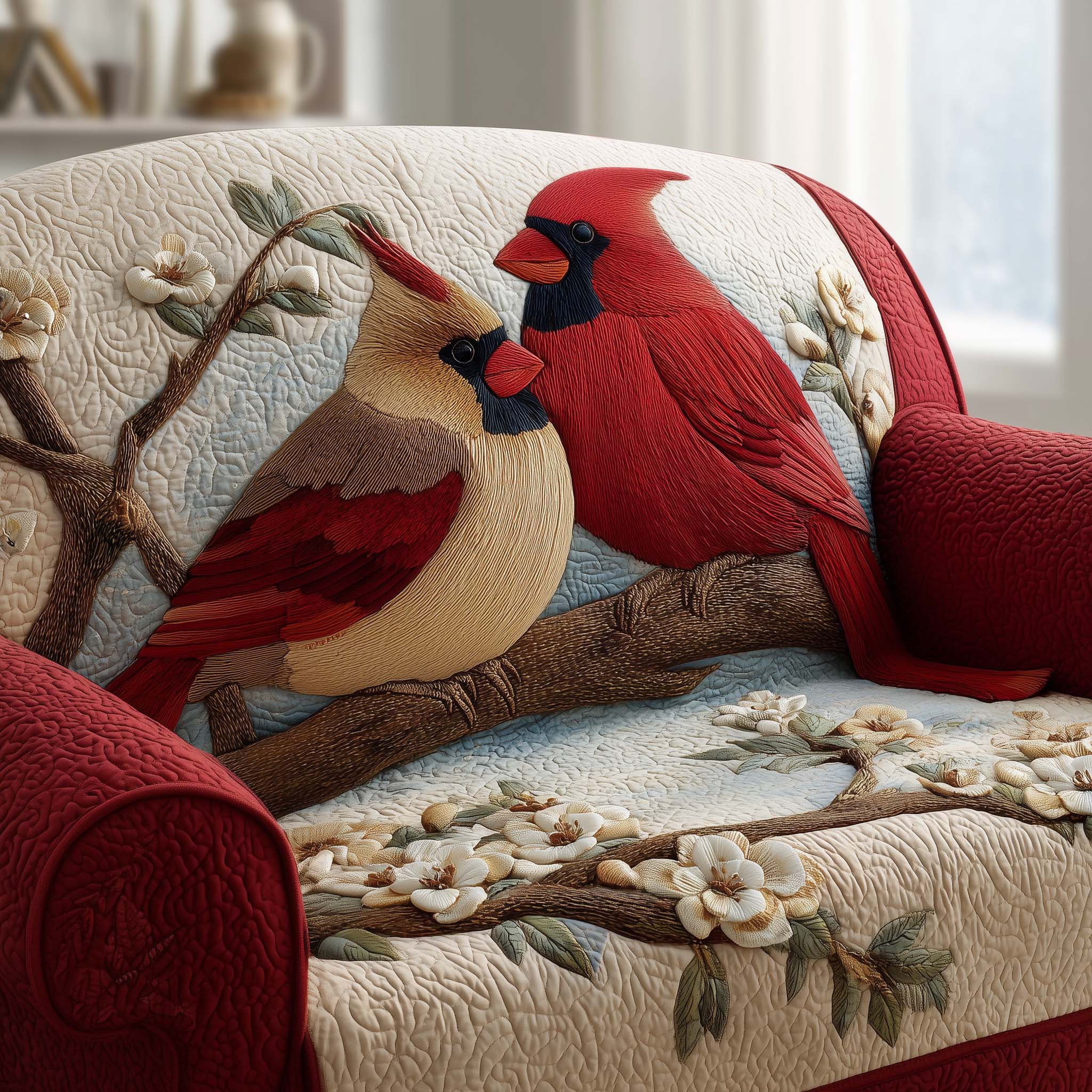 Love Nest Cardinals Quilted Sofa Cover Romantic Home Couch Cover Home Decor Gift Ideas - Tradiviet