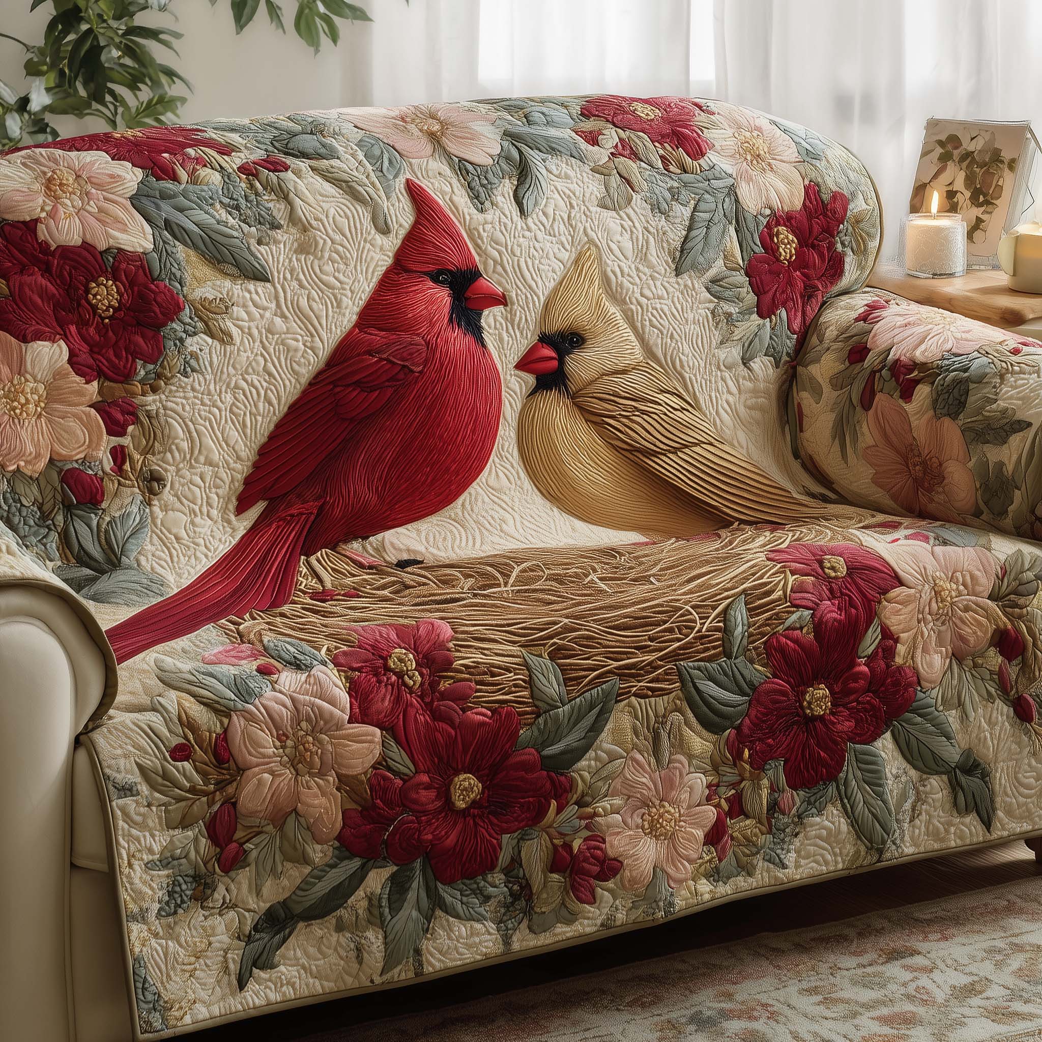 Love Nest Cardinals Quilted Sofa Cover Romantic Home Couch Cover Home Lover Gift Ideas - Tradiviet