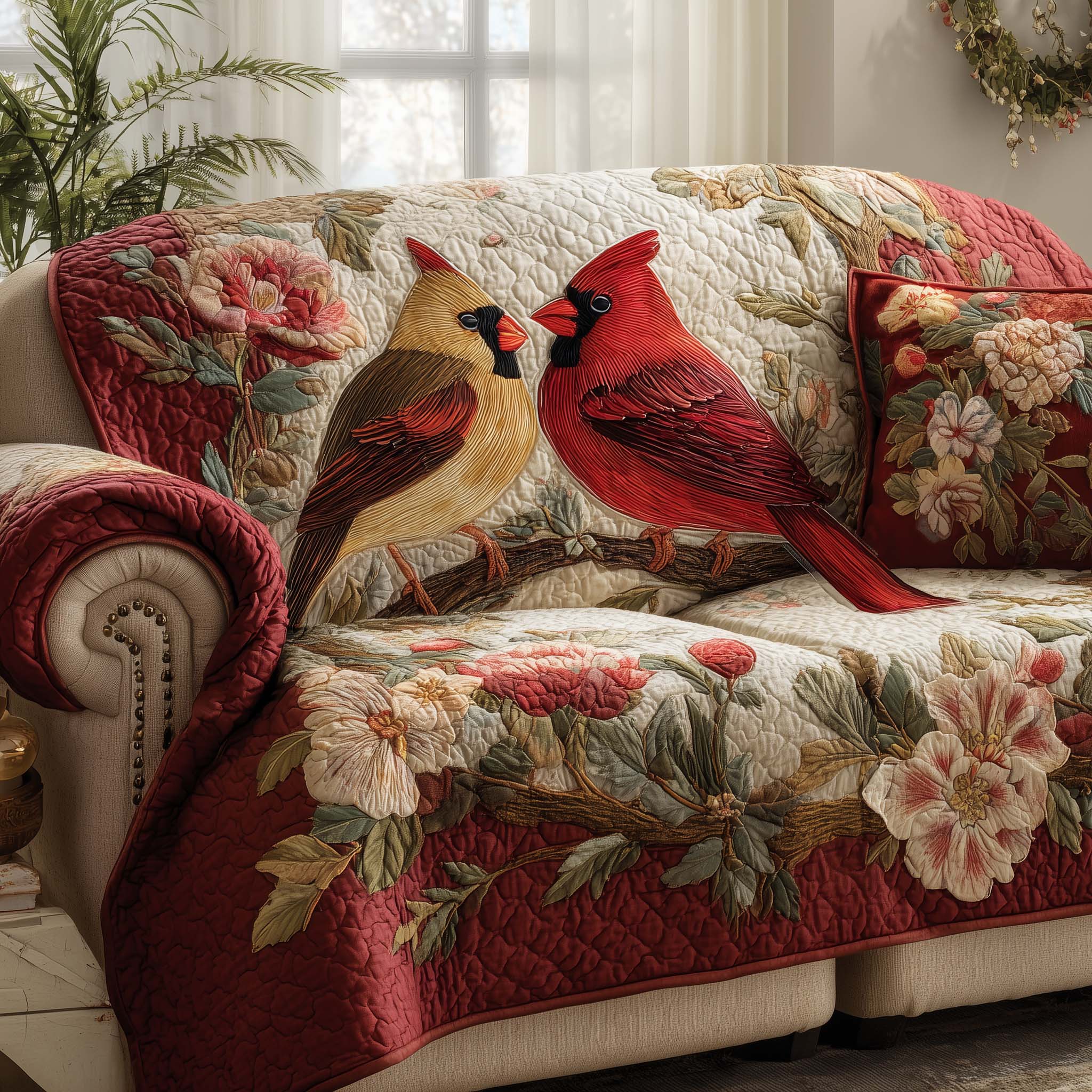 Love Nest Cardinals Quilted Sofa Cover Romantic Home Couch Cover Room Decor Gift Ideas - Tradiviet