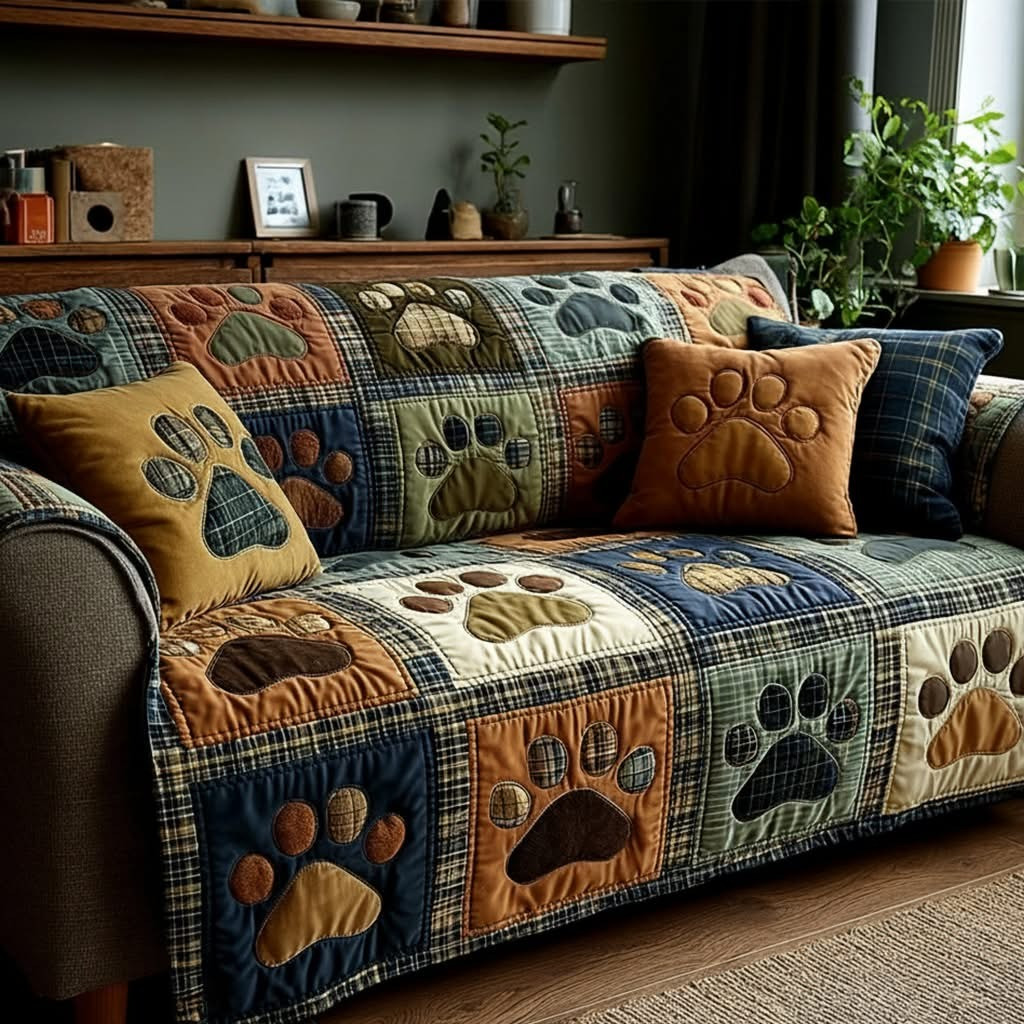 Love Paw Quilted Sofa Cover Farmhouse Couch Cover Christmas Gifts For Pet Lovers - Tradiviet