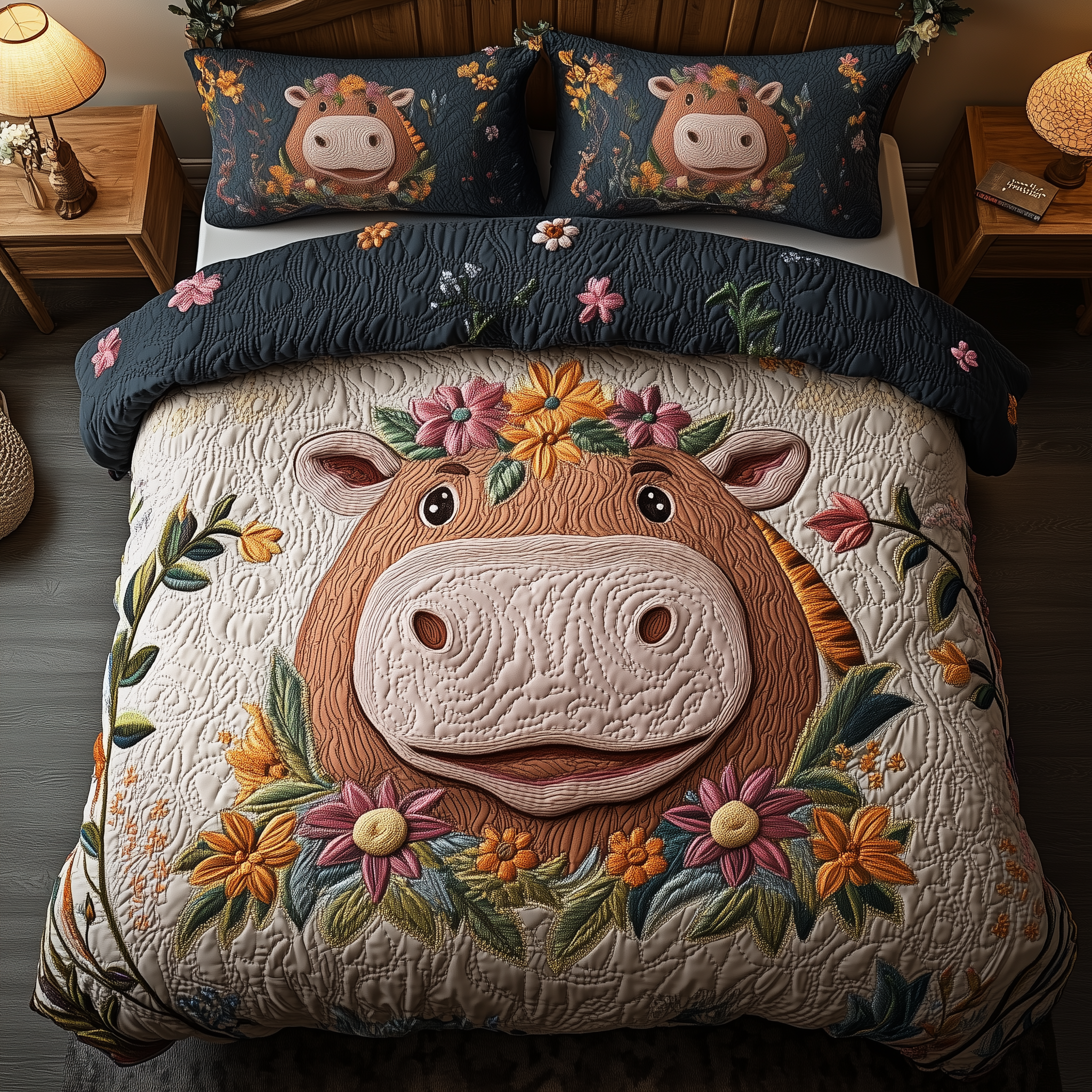 Lovely Blossom Hippo Quilted Bedding Set Lovely Blossom Aesthetic Gift For Lovely Blossom - Tradiviet