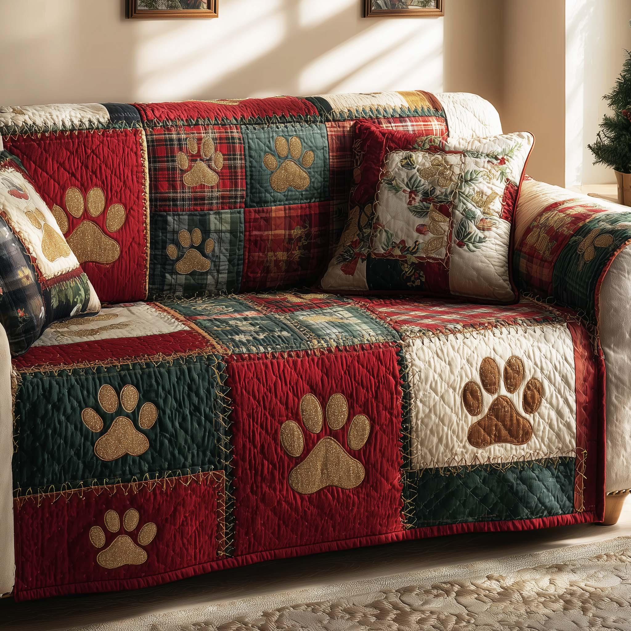 Lovely Paws Quilted Sofa Cover Pet Home Couch Cover Pet Theme Gift Ideas - Tradiviet