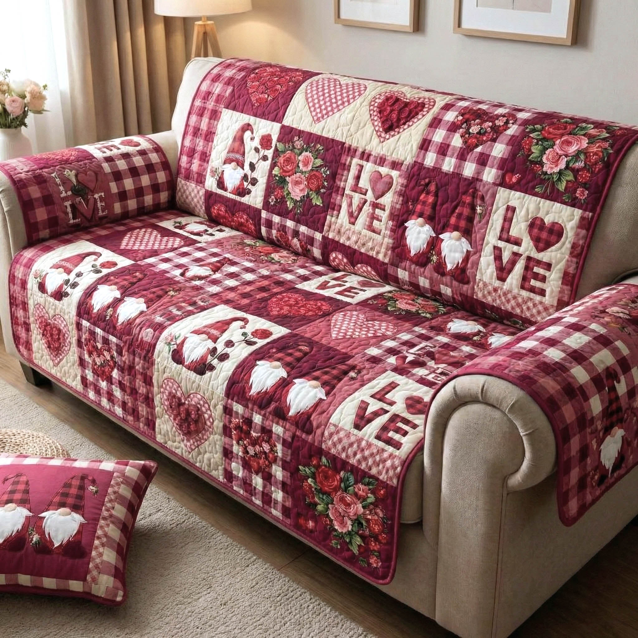 Loving Gnomes Quilted Sofa Cover Whimsical Home Couch Cover Bear Gifts For Baby - Tradiviet