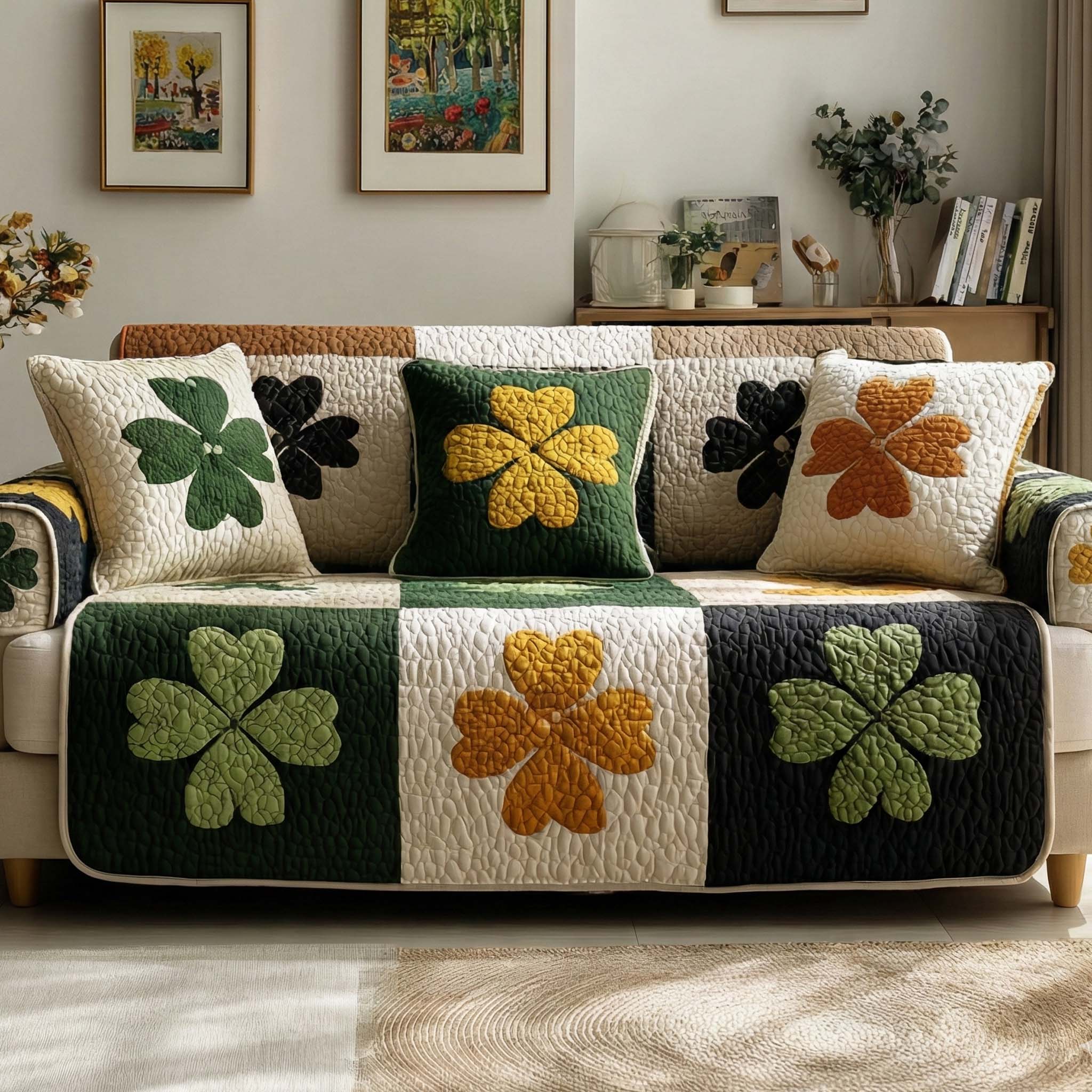 Lucky Clover Quilted Sofa Cover Simple Home Room Decor Cozy Living Gift Ideas - Tradiviet