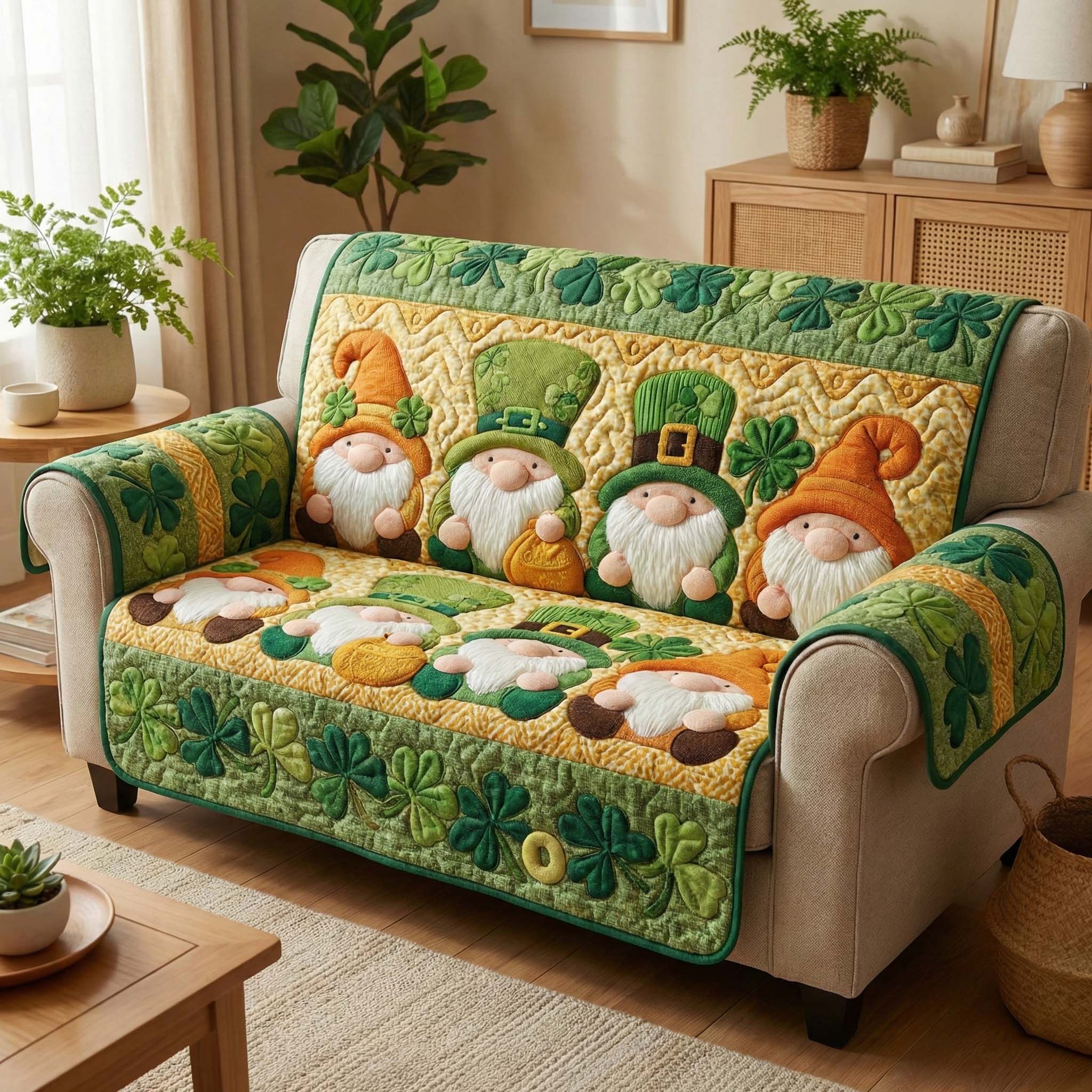 Lucky Gnomes Quilted Sofa Cover Irish Home Couch Cover Cozy Home Decor Gifts - Tradiviet
