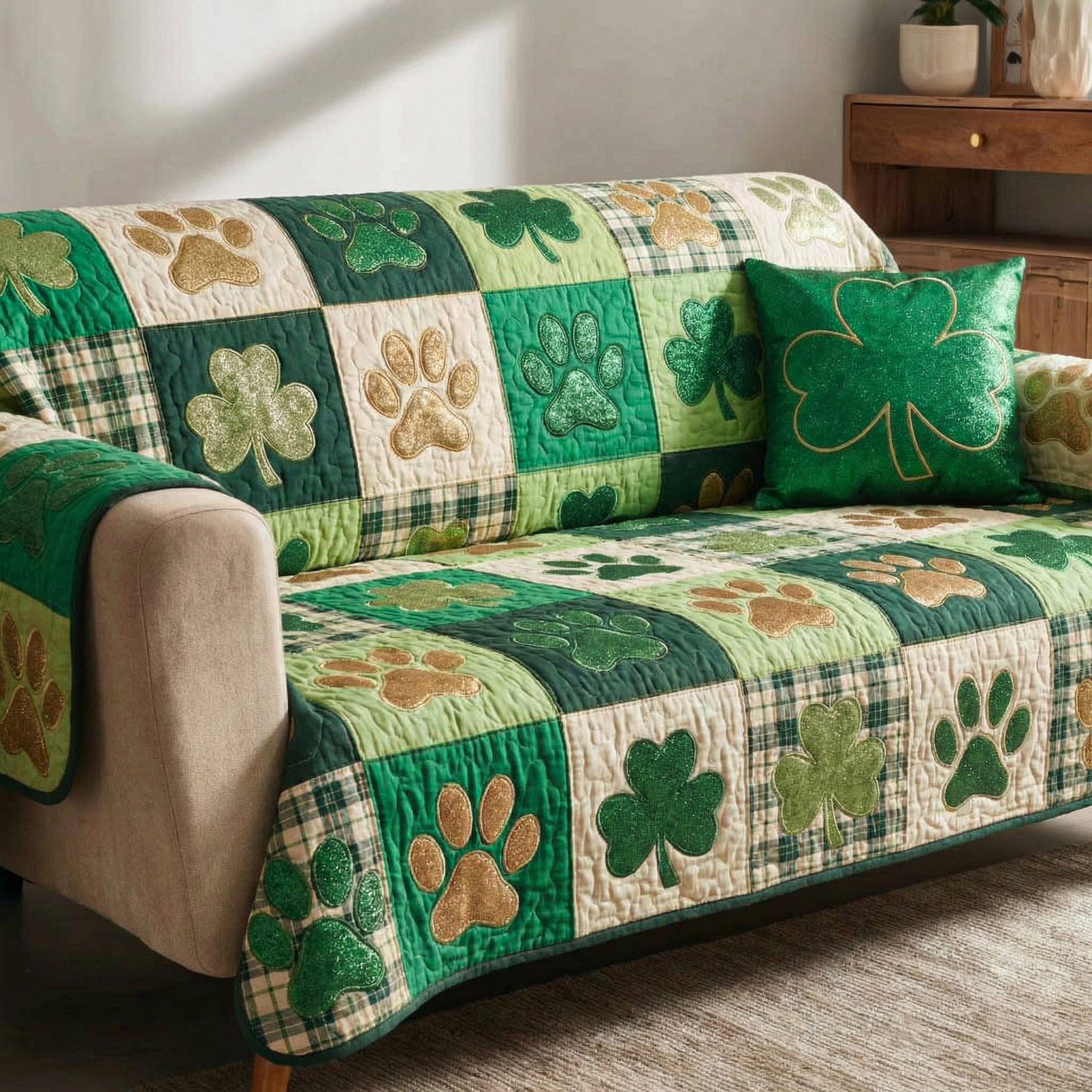 Lucky Paw Patch Quilted Sofa Cover Cute Sofa Slipcovers Dog And Owner Gift Ideas - Tradiviet