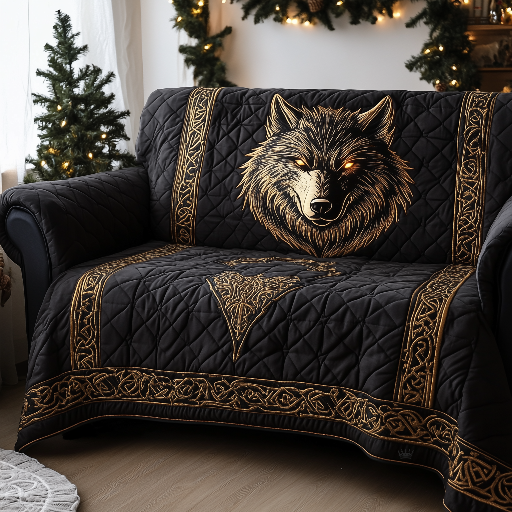 Lunar Hunter Quilted Sofa Cover Celestial Home Couch Cover Cozy Living Gift Ideas - Tradiviet